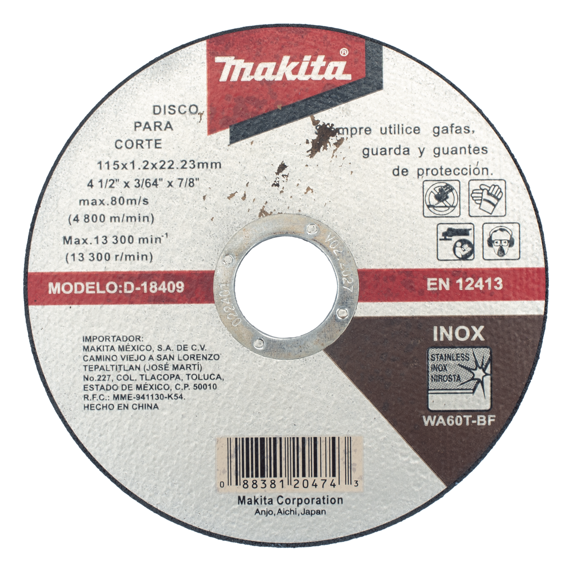 Disco de Corte / Acero Inoxidable / 115 mm (4-1/2') / Eje 7/8' / Espesor 1.2 mm