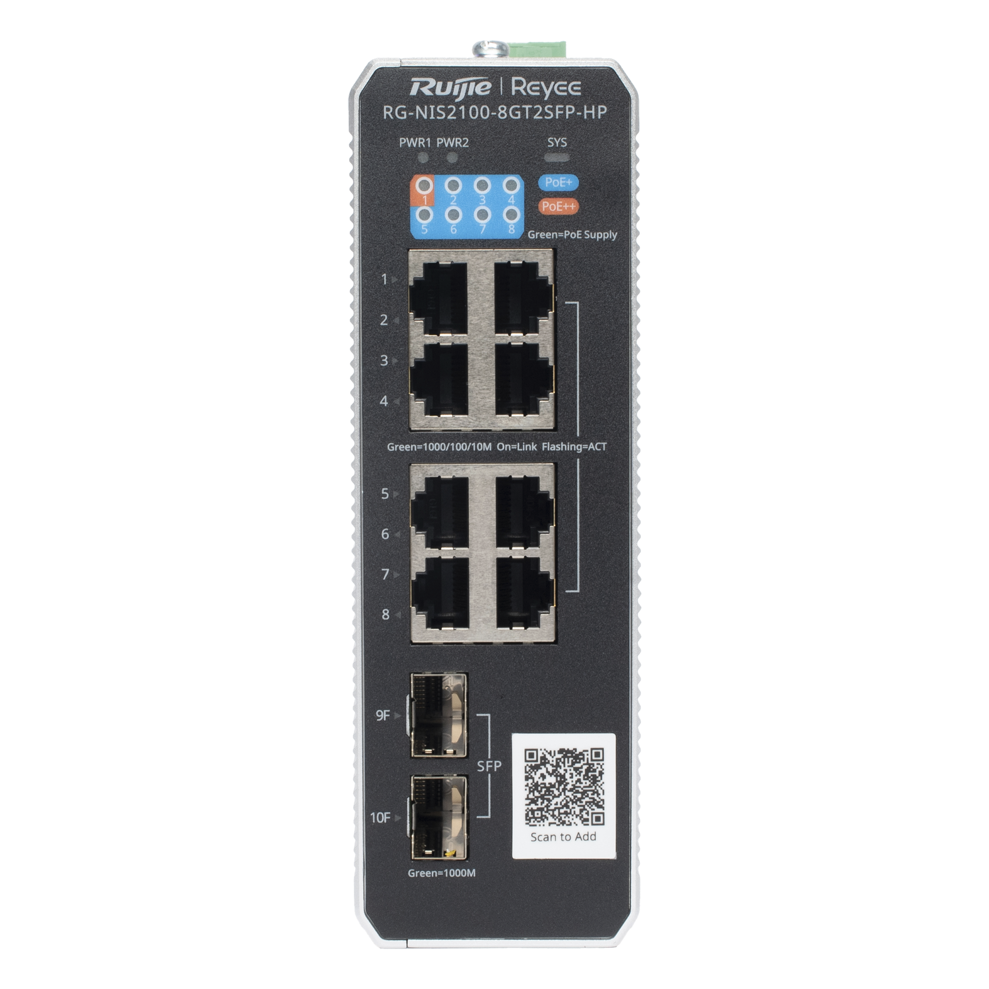 Switch Industrial PoE+ / 8 Puertos Gigabit / 1 PoE++ 60W / 7 PoE+ 30W / 2 SFP Uplink / 300W Total / Capacidad 20 Gbps / Layer 2 — RUIJIE · SKU RG-NIS2100-8GT2SFP-HP