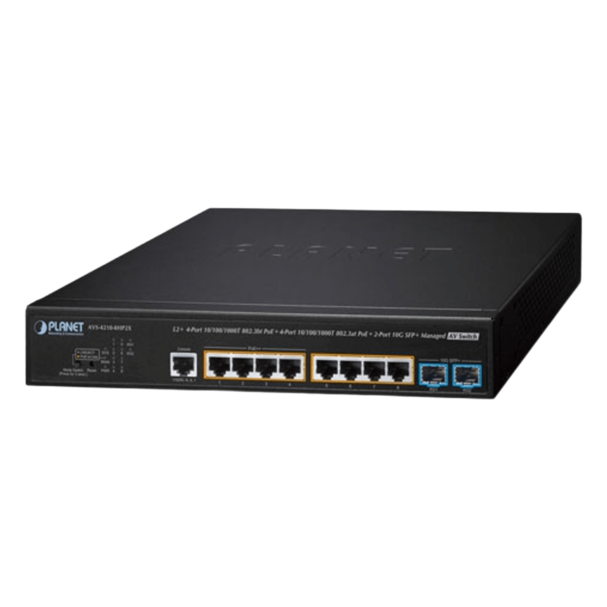 Switch Administrable L2+ AV / 4 Puertos PoE++ 95W + 4 Puertos PoE+ 32W + 2 SFP+ 10G / Presupuesto PoE 240W / Fanless / Dante y NDI — PLANET · SKU AVS-4210-8HP2X