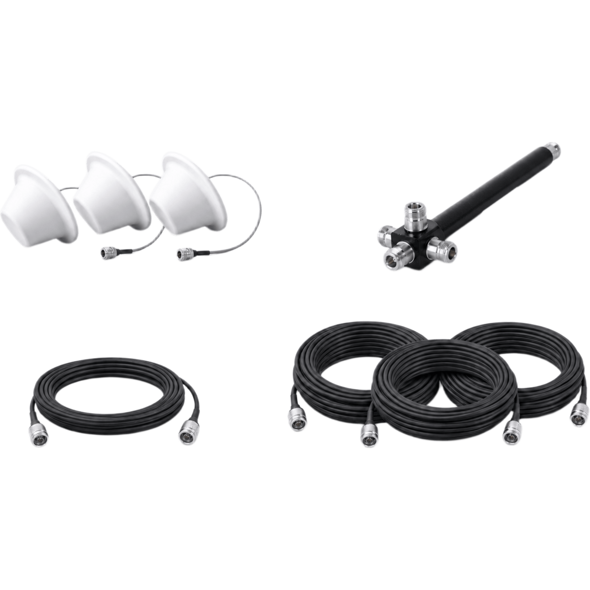 Kit de 3 Antenas Omnidireccionales tipo Domo y Divisor de Potencia de 4 salidas / Jumpers Coaxiales de 3 m y tres de 15 m con conectores N macho  — EPCOM · SKU EP1DIV-3ANT-4CCN