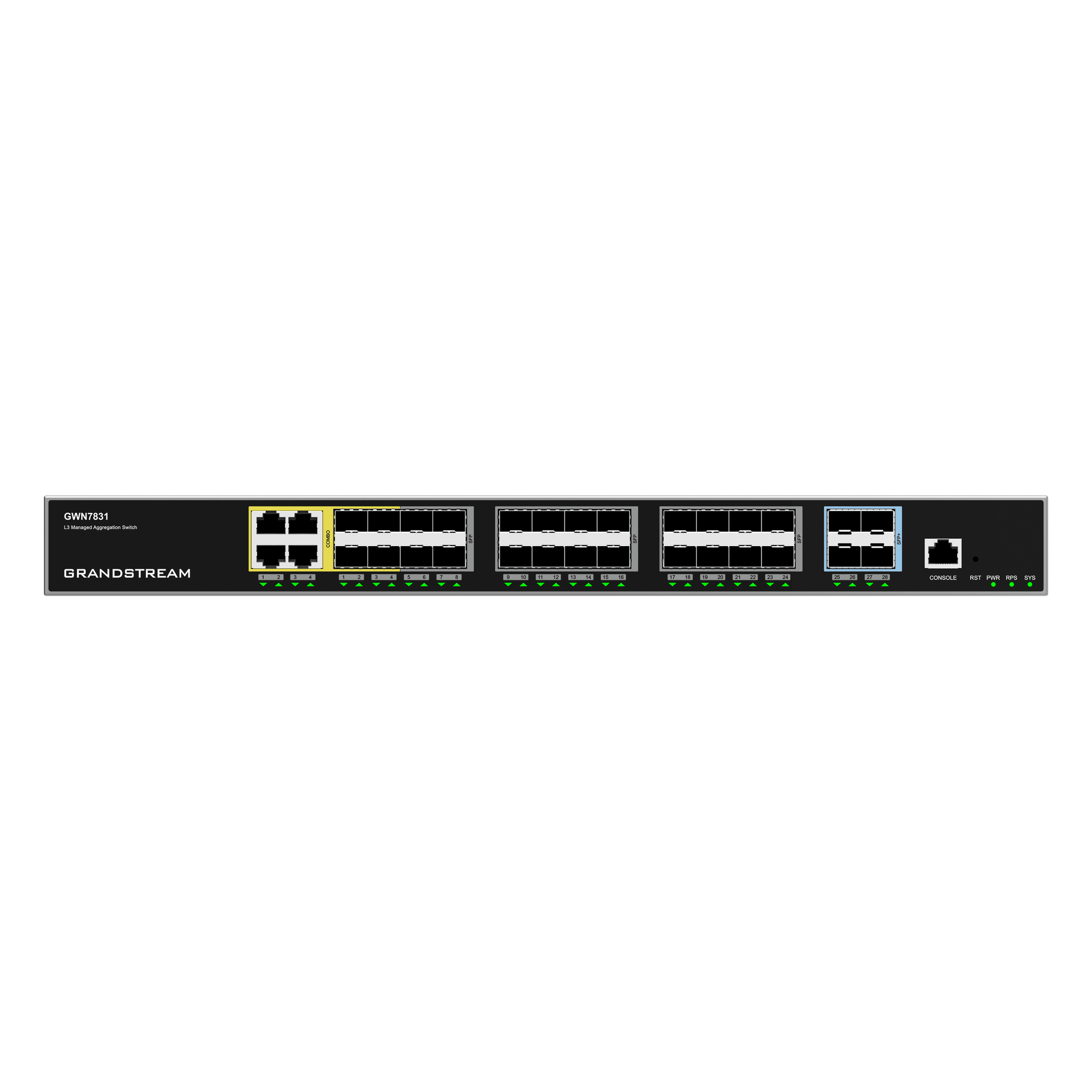 Switch de Agregación Capa 3 / 120 Gbps Throughput / 4 Puertos 10G SFP+ / Stacking 4 Unidades / Enrutamiento OSPF-BGP / 4k VLANs — GRANDSTREAM · SKU GWN7831