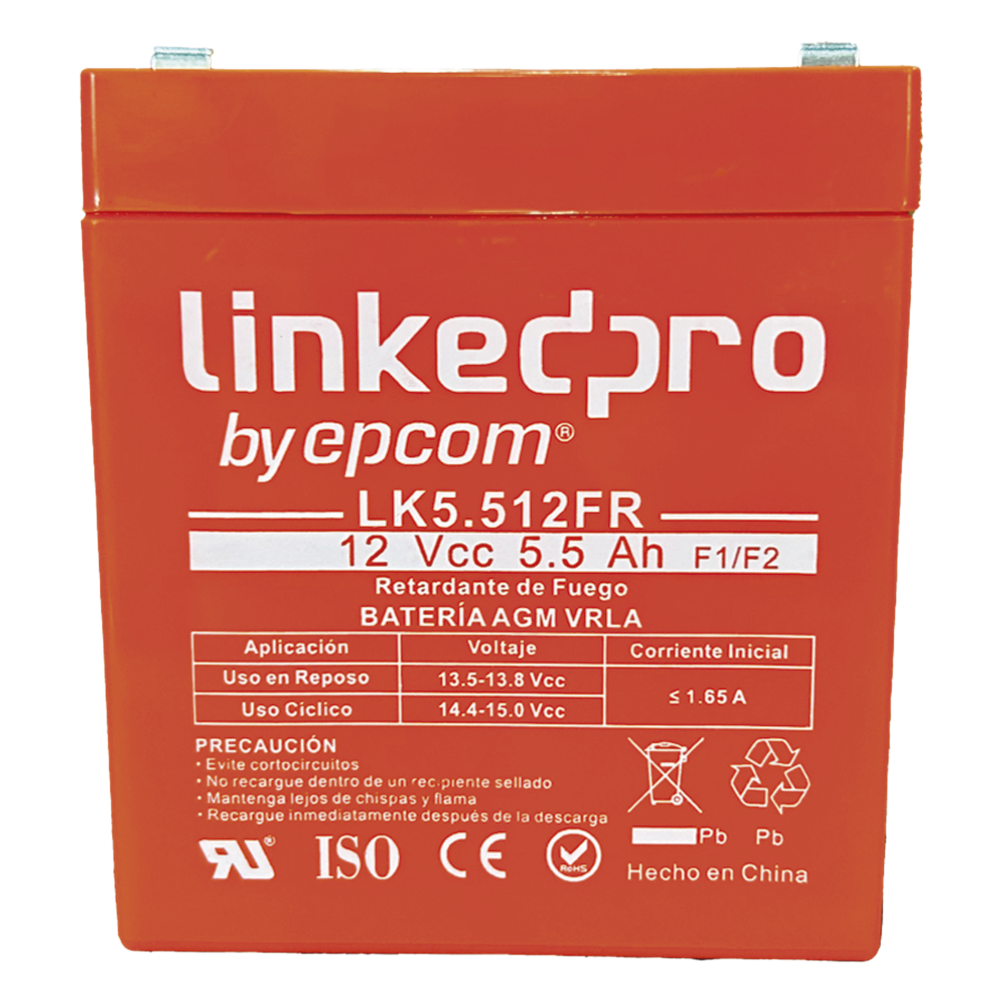 Batería de Respaldo AGM-VRLA / 12 V / 5.5 Ah / Retardante a la Flama UL94-V0 / Vida Útil 5 Años / Terminales F1 con Adaptador F2 — LINKEDPRO BY EPCOM · SKU LK5.512FR