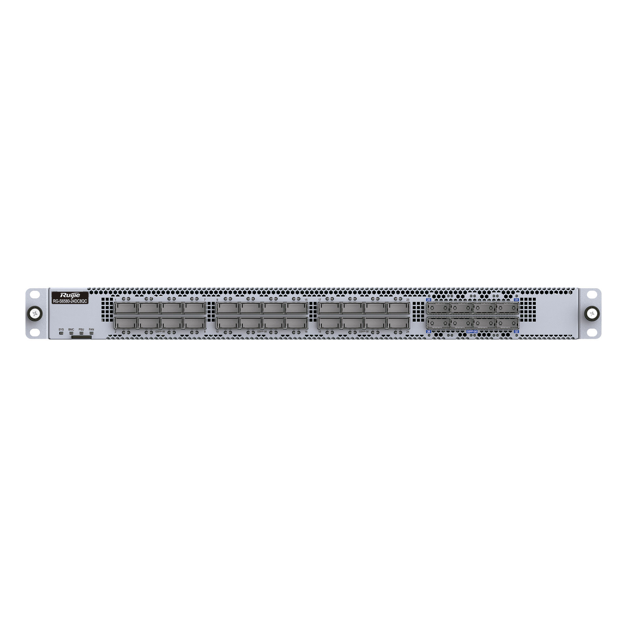 Switch Data Center / 24 Puertos QSFP56 200GE + 8 QSFP-DD 400GE / 16.0 Tbps / 5350 Mpps / RDMA RoCEv2 / Capa 3 Spine-Leaf VXLAN EVPN / 1 RU Hot-Swap — RUIJIE · SKU RG-S6580-24DC8QC