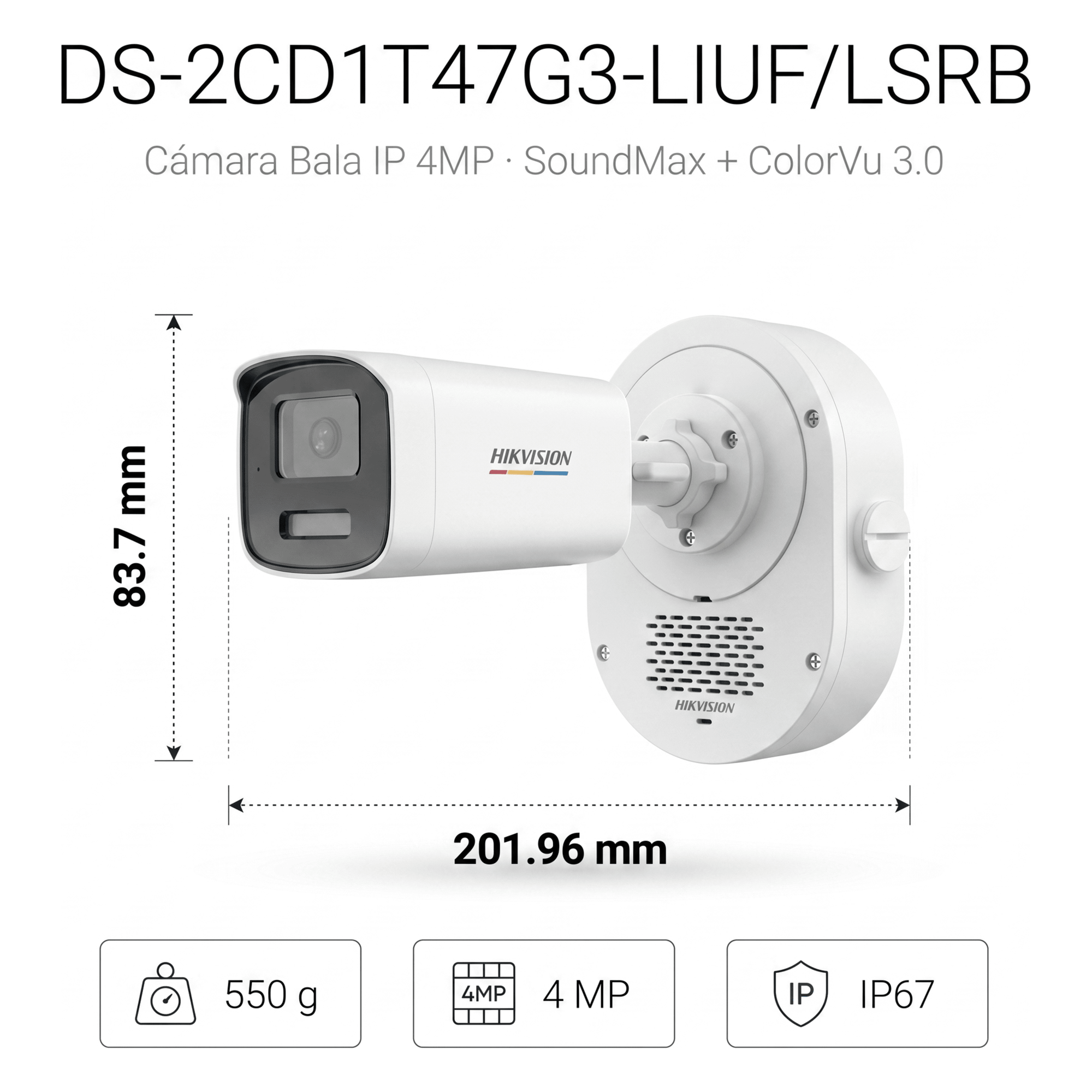 Cámara Bala IP / 4 Megapixel / ColorVu 3.0 / Dual Light 50 m (164 ft) / Audio Bidireccional SoundMax / Luz Estroboscópica Rojo-Azul / AcuSense Lite / IP67 / WDR 120 dB / PoE