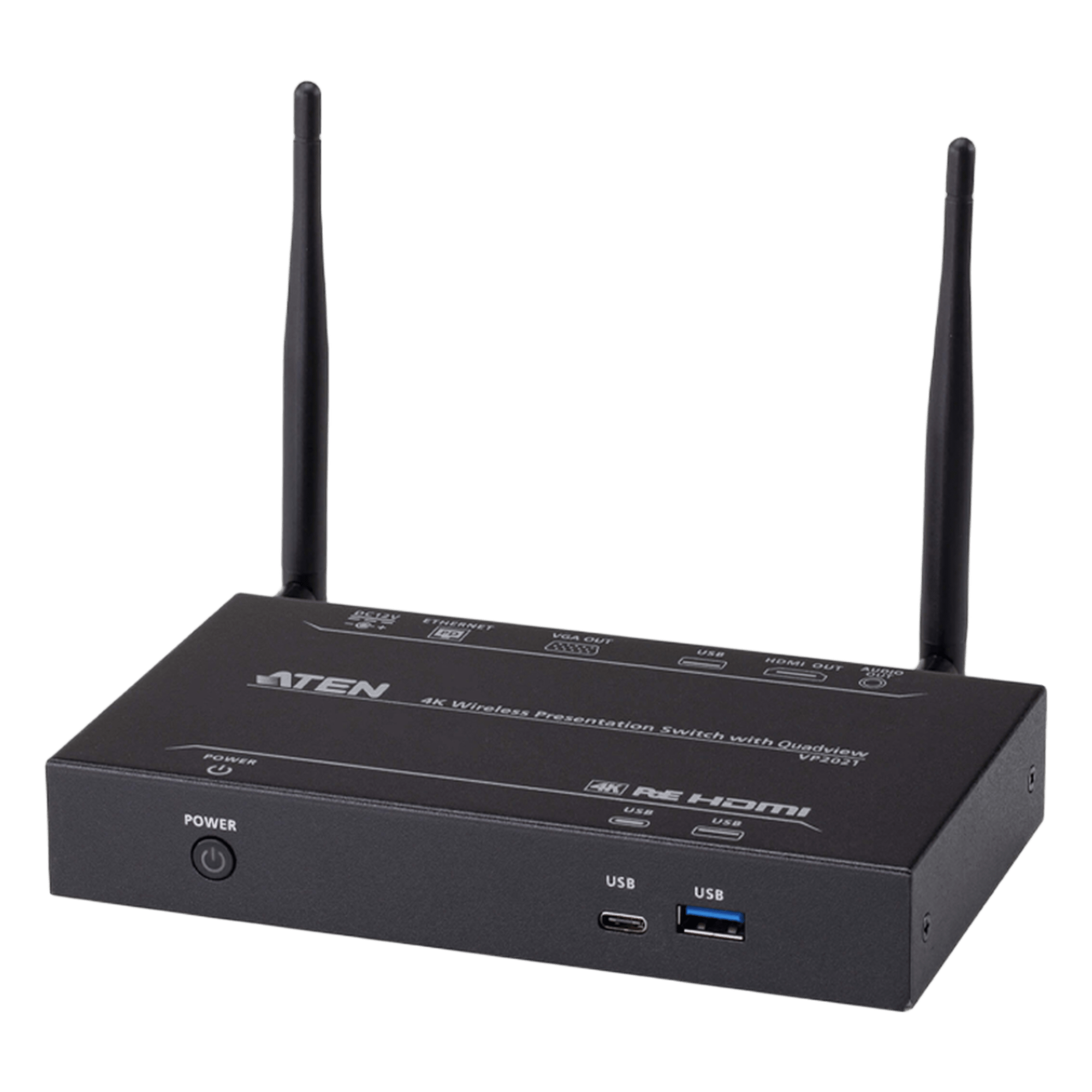 Switch de Presentaciones Inalámbrico / 4K / Quad View / 4 Fuentes Simultáneas / PoE / Control USB Táctil — ATEN · SKU VP2021