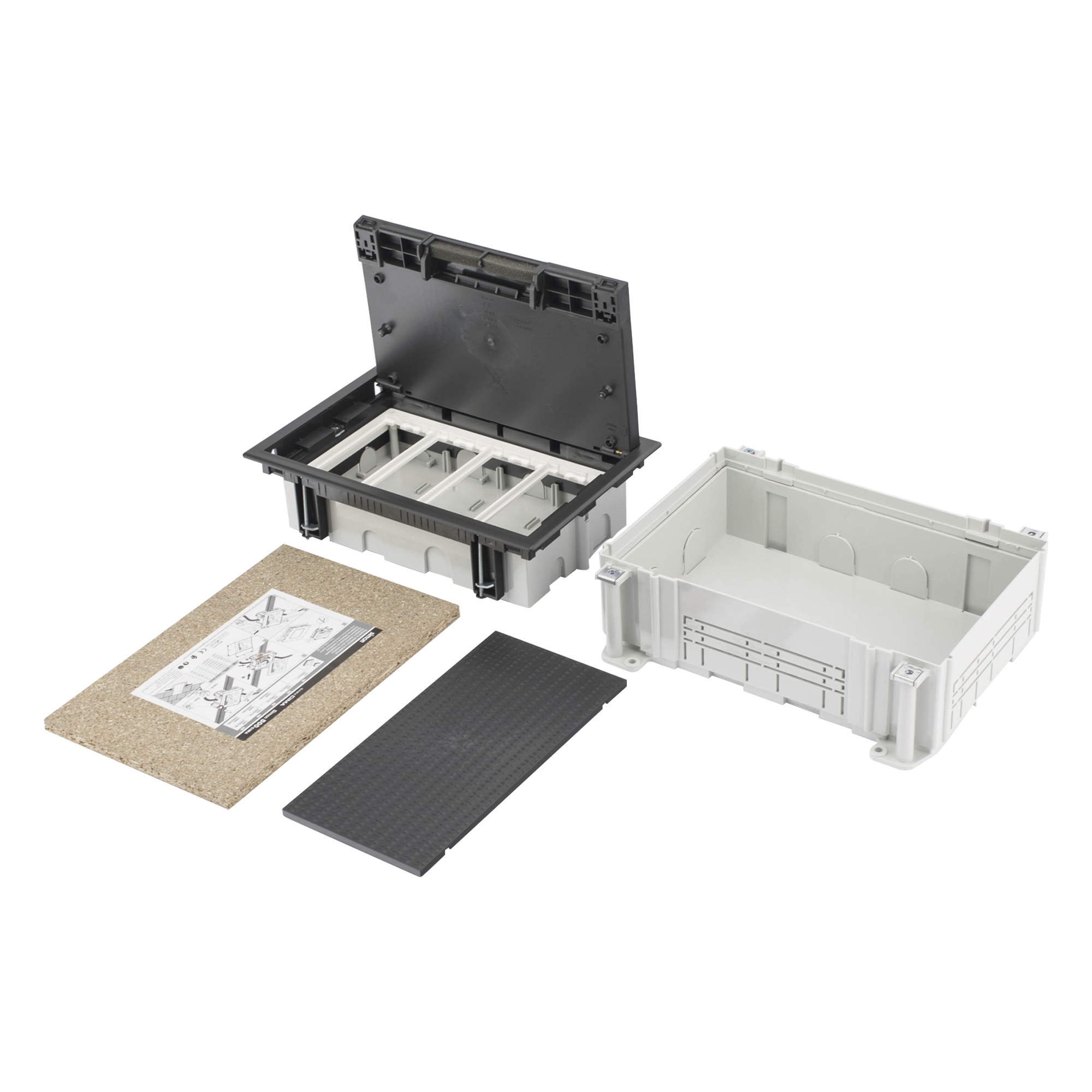 Caja de Pavimento / 4 Módulos / Profundidad Ajustable 70-100 mm (2.76-3.94 ft) / Carga 1300 kg / Resistencia 850°C / Incluye Cubeta y Embellecedor — SIMON · SKU SM-CPAV-4