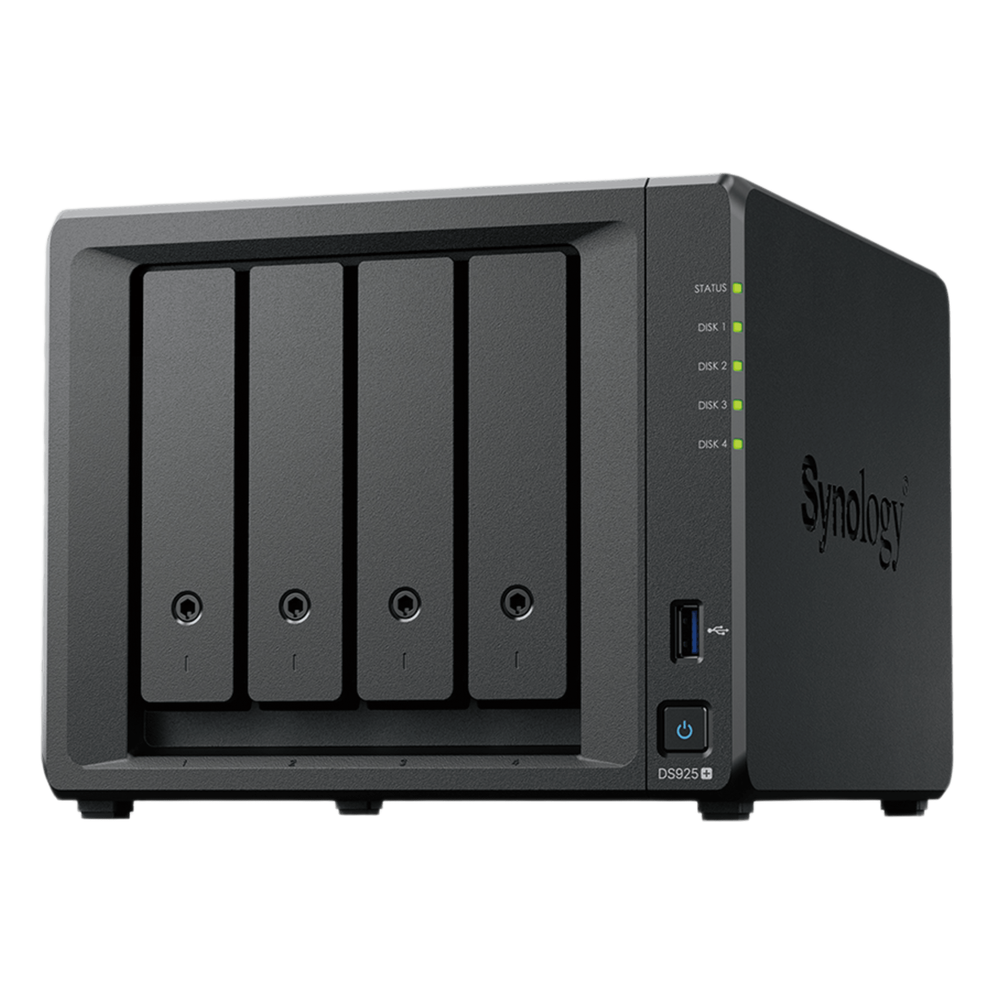 NAS 4 Bahías / Expandible a 9 Bahías / 2 Puertos 2.5GbE / 2 Ranuras M.2 NVMe / Procesador AMD Ryzen V1500B / 4 GB DDR4 ECC / Escritura Secuencial 565 MB/s / RAID Híbrido — SYNOLOGY · SKU DS925+