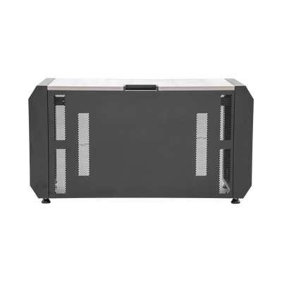 Consola Profesional para Monitoreo o Computo | Ranura para Base de Monitores | Microperforaciones | Luces LED Decorativas | Tomacorriente HTCM1U10C | Tapas Organizadoras de Cables | Niveladores | Rack para Montaje de Equipos | Ranura Pasaca