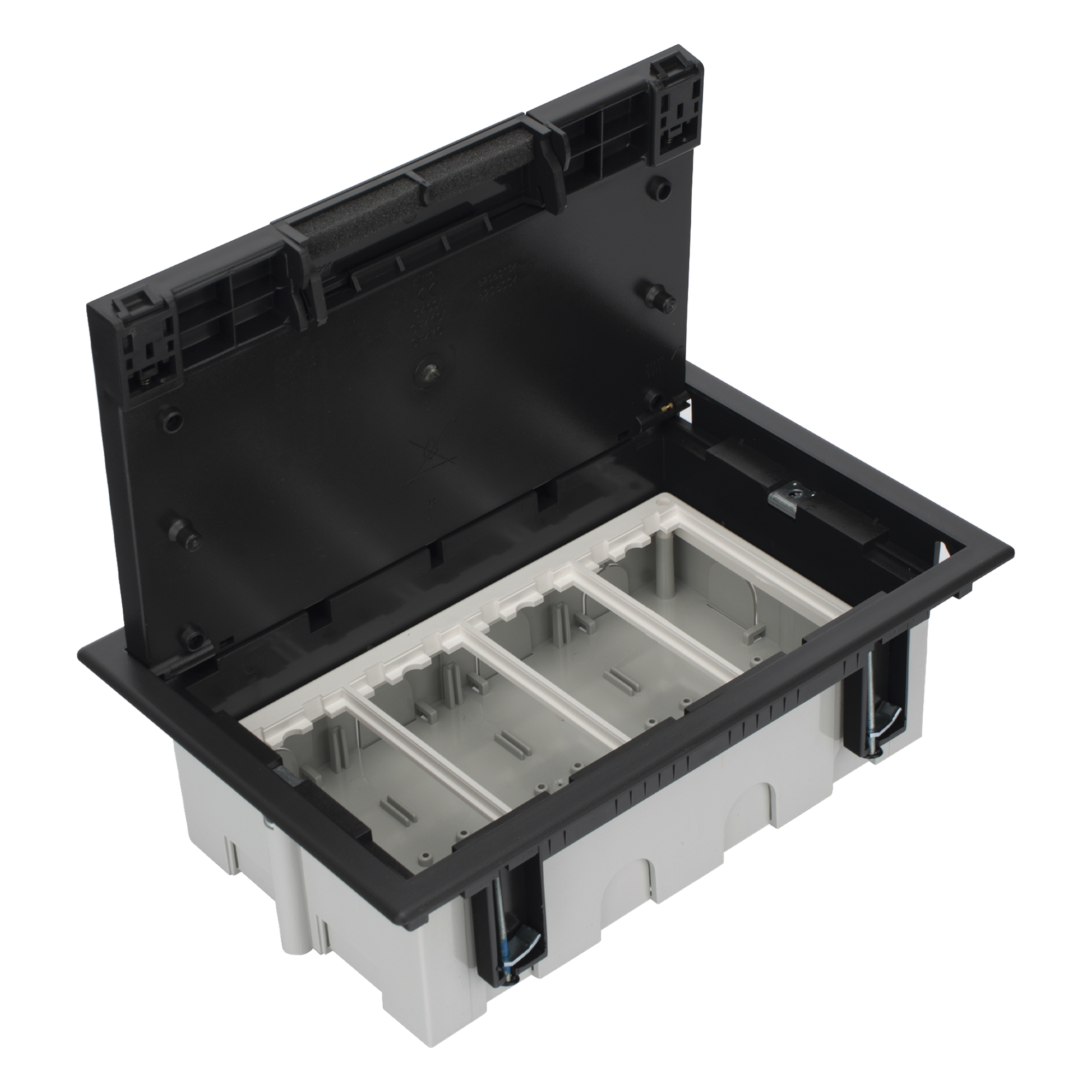 Caja de Piso Falso / 4 Módulos Dobles / Profundidad Ajustable 90-120 mm (3.54-4.72 in) / IK08 / +125 °C / Tapa Embellecedora — SIMON · SKU SM-CPF-4