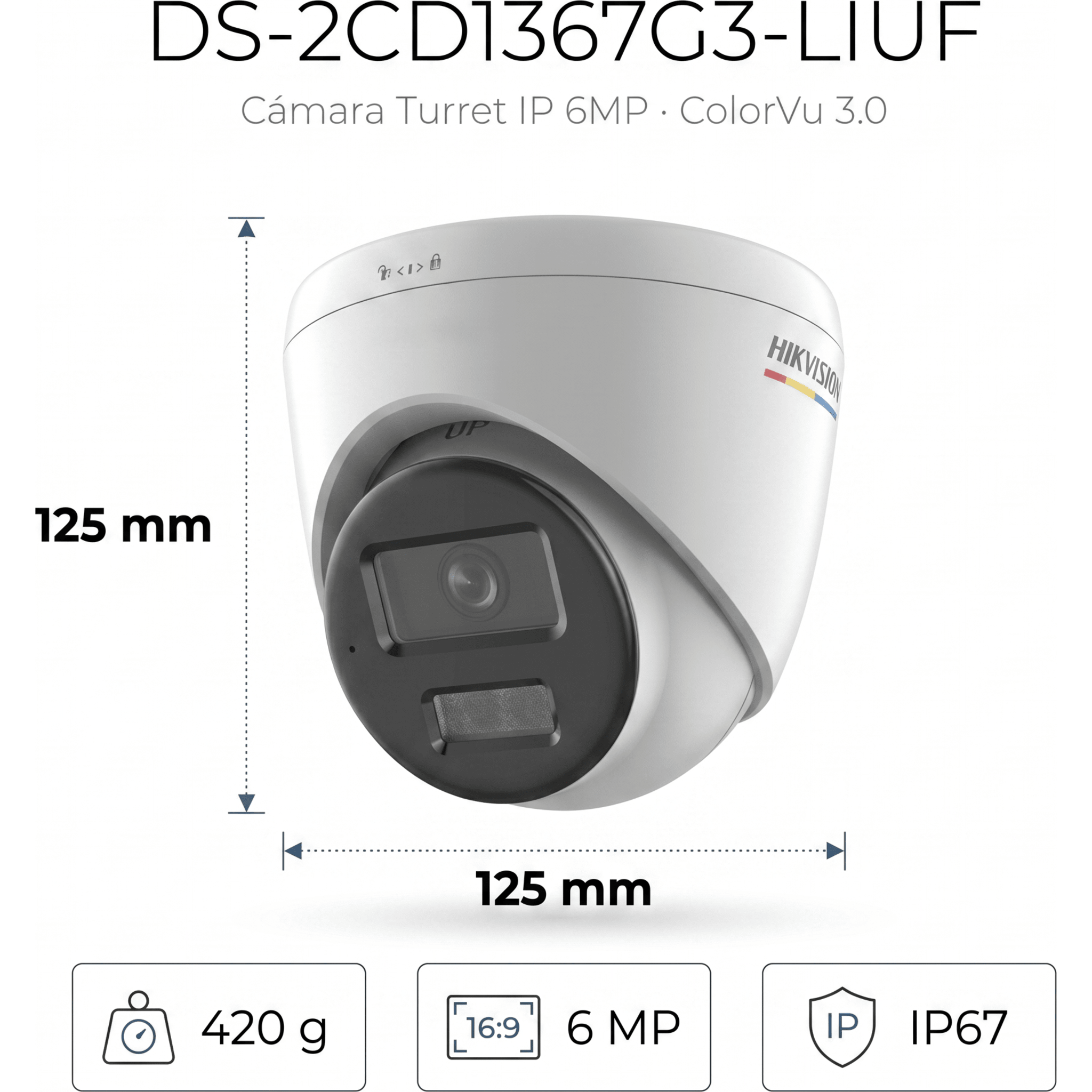 [ColorVu 3.0 + MD 3.0]  Turret IP 6 Megapixel / Lente 2.8 mm / 30 mts IR + 30 mts Luz Blanca / Micrófono Integrado / ACUSENSE Lite / Exterior IP67 / WDR 120 dB / PoE / Micro SD 