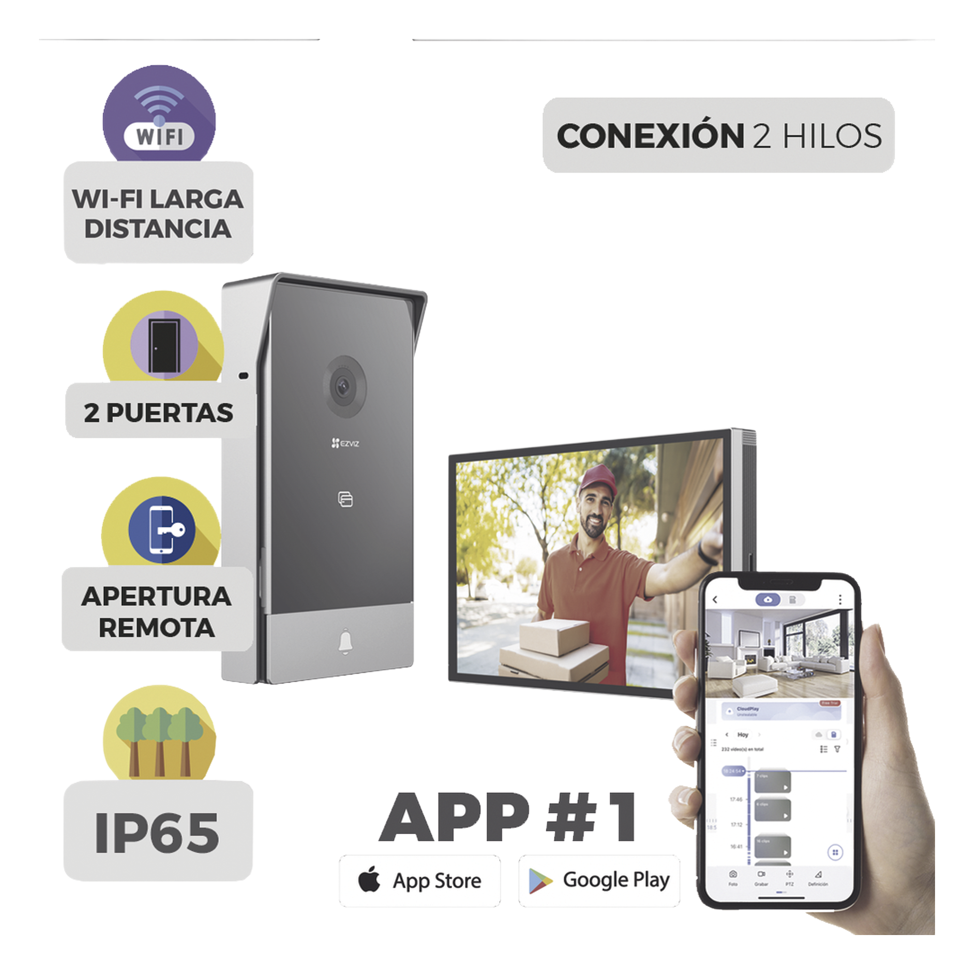 Videoportero IP / 2 Hilos / Monitor 7' Touchscreen / 2K 162° / Wi-Fi Dual 2.4/5 GHz / 2 Salidas de Apertura / IP65 — EZVIZ · SKU CS-HP7