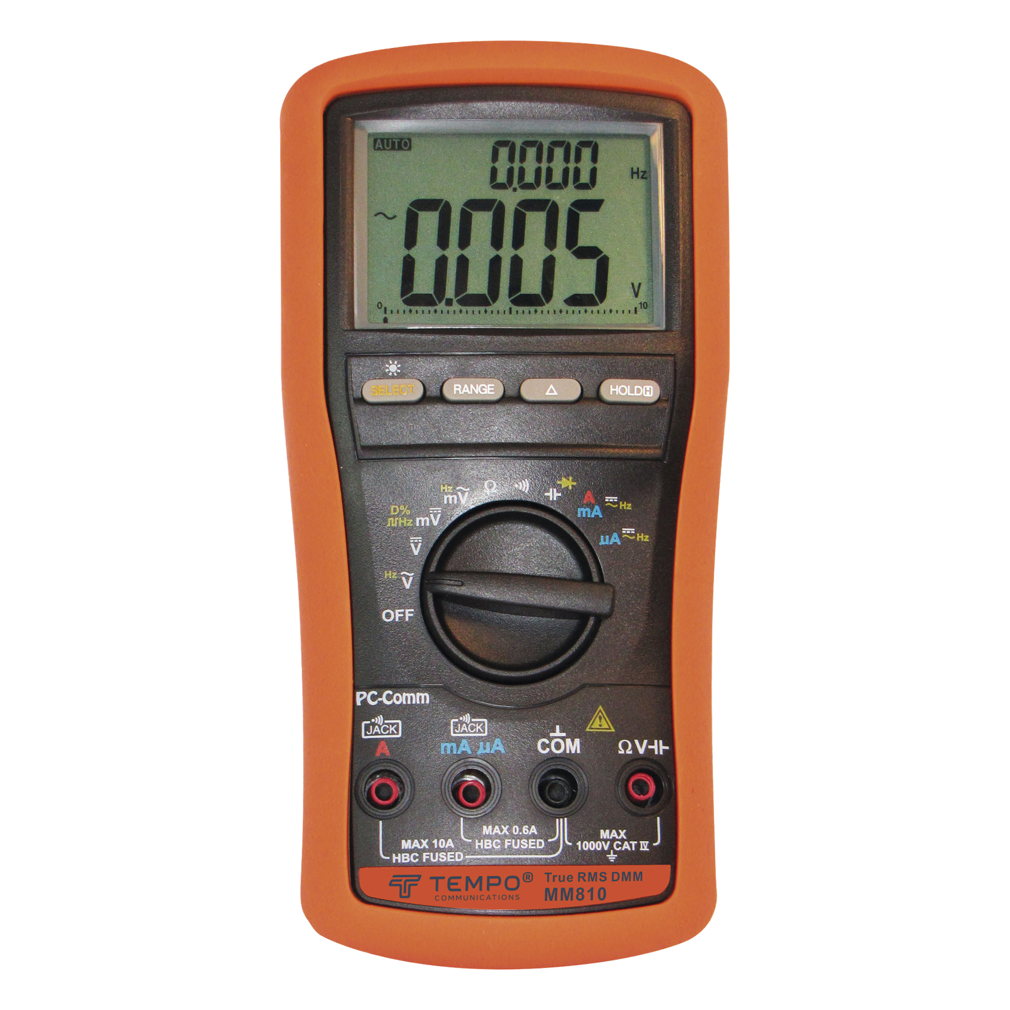Multímetro Digital / Doble Pantalla LCD / True-RMS / 13 Funciones de Medición / Retroiluminación / Alerta BeepJack — TEMPO · SKU MM-810