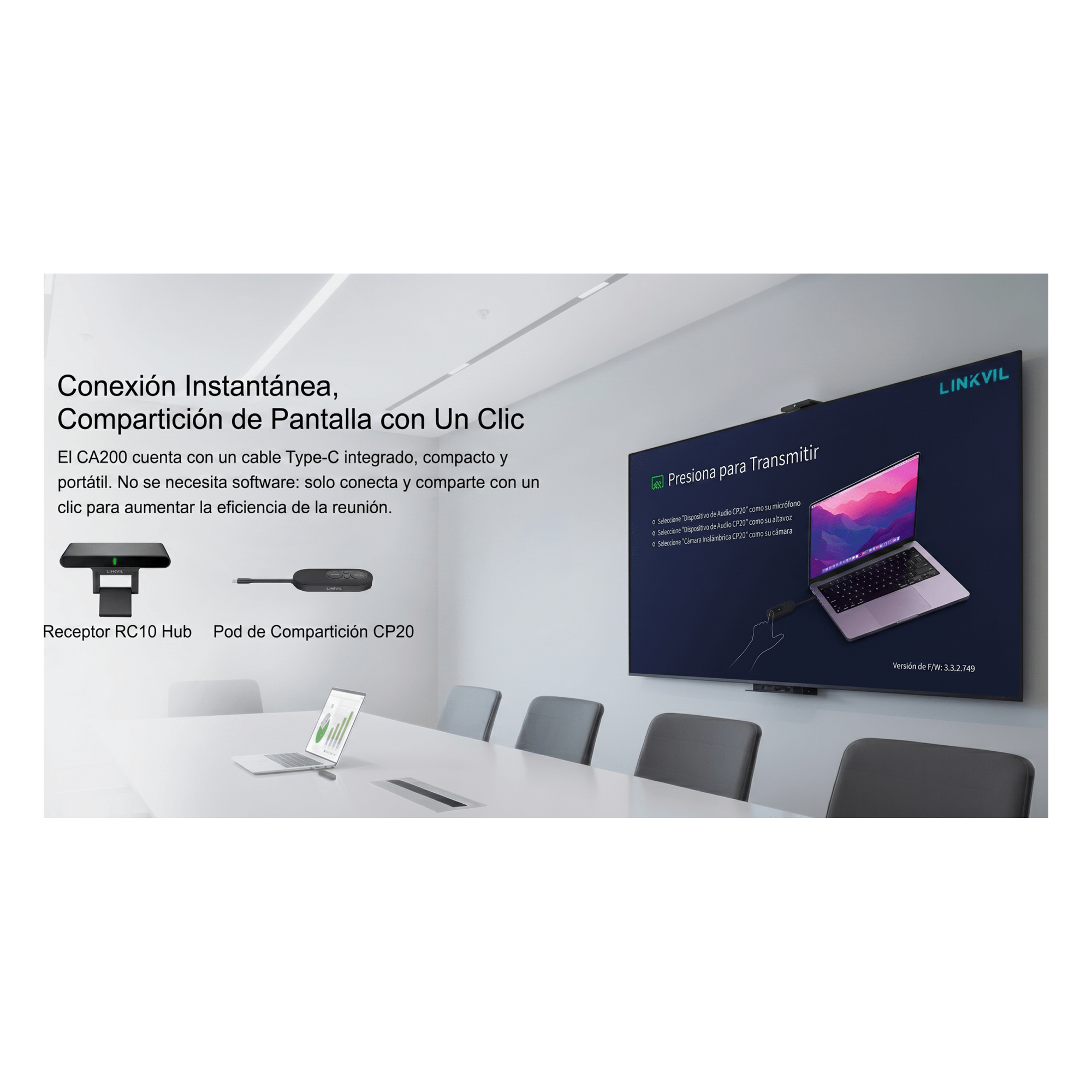 Kit de Conferencia Inalámbrica / Transmisión 4K/30fps / 4 Dispositivos Simultáneos / Alcance 10 m (32.8 ft) / Plug & Play / Multiplataforma