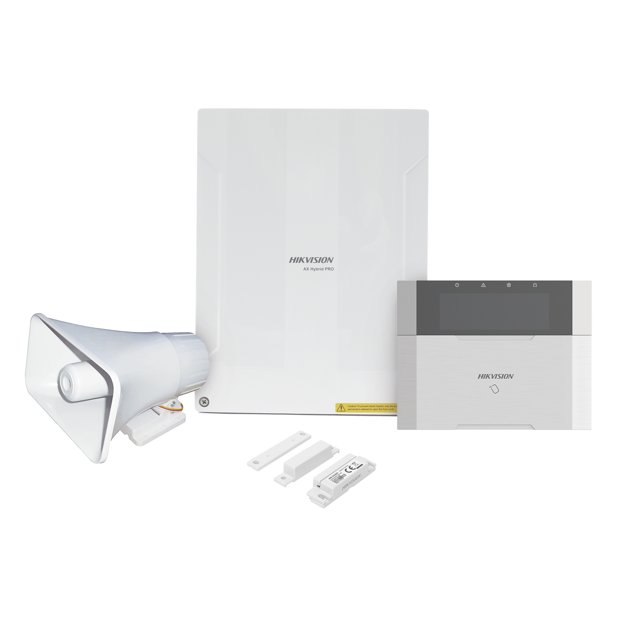 Kit Panel de Alarma Híbrido / 64 Zonas / Teclado LCD con Lector de Tags / Sirena 30W 120 dB / IP65 / Contacto Magnético 2 cm — HIKVISION · SKU AXHYBRIDPRO-KIT