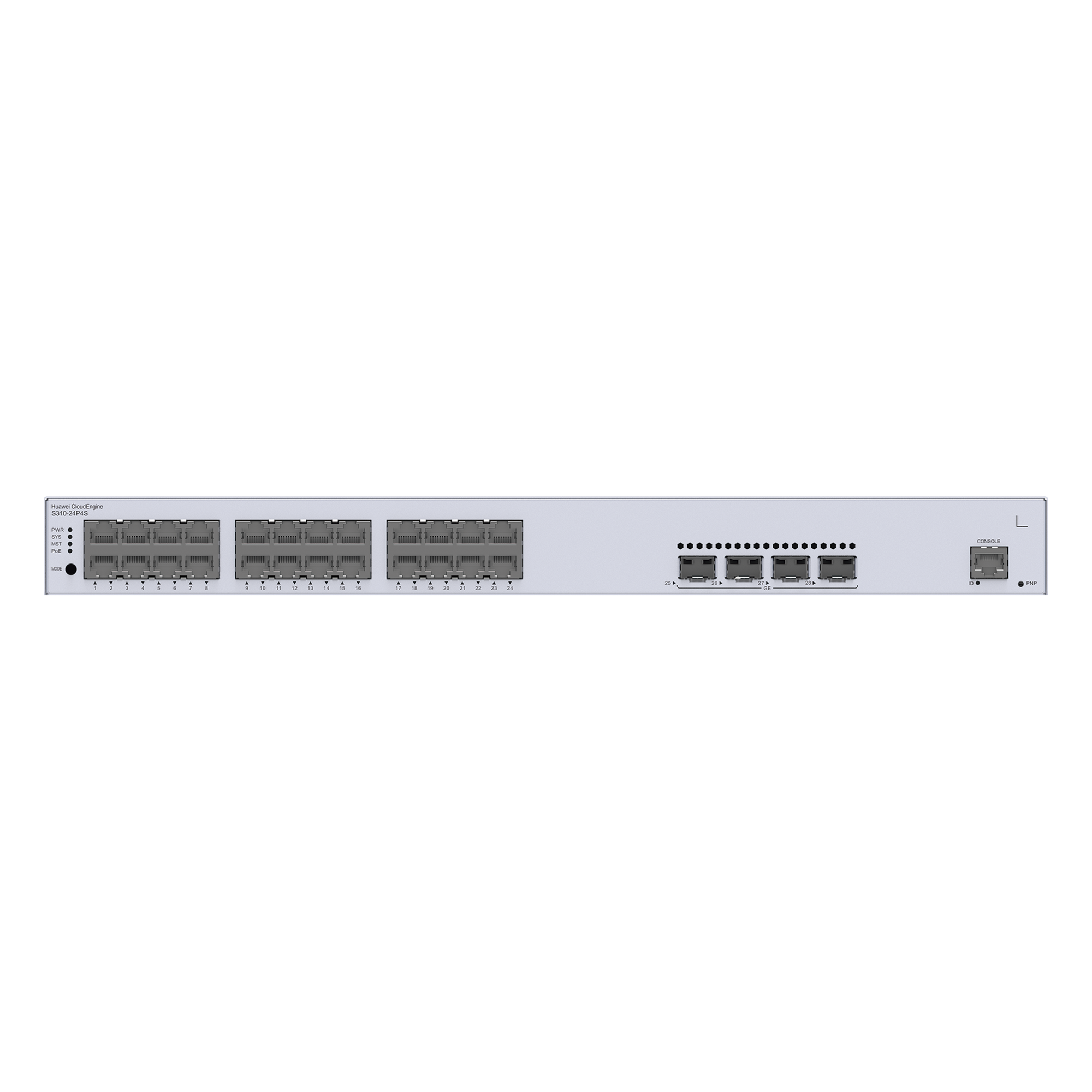Switch Capa 3 Administrable / 24 Puertos Gigabit PoE / 4 SFP Uplink / 56 Gbps / PoE Perpetuo 400W / iStack — HUAWEI · SKU S310-24P4S