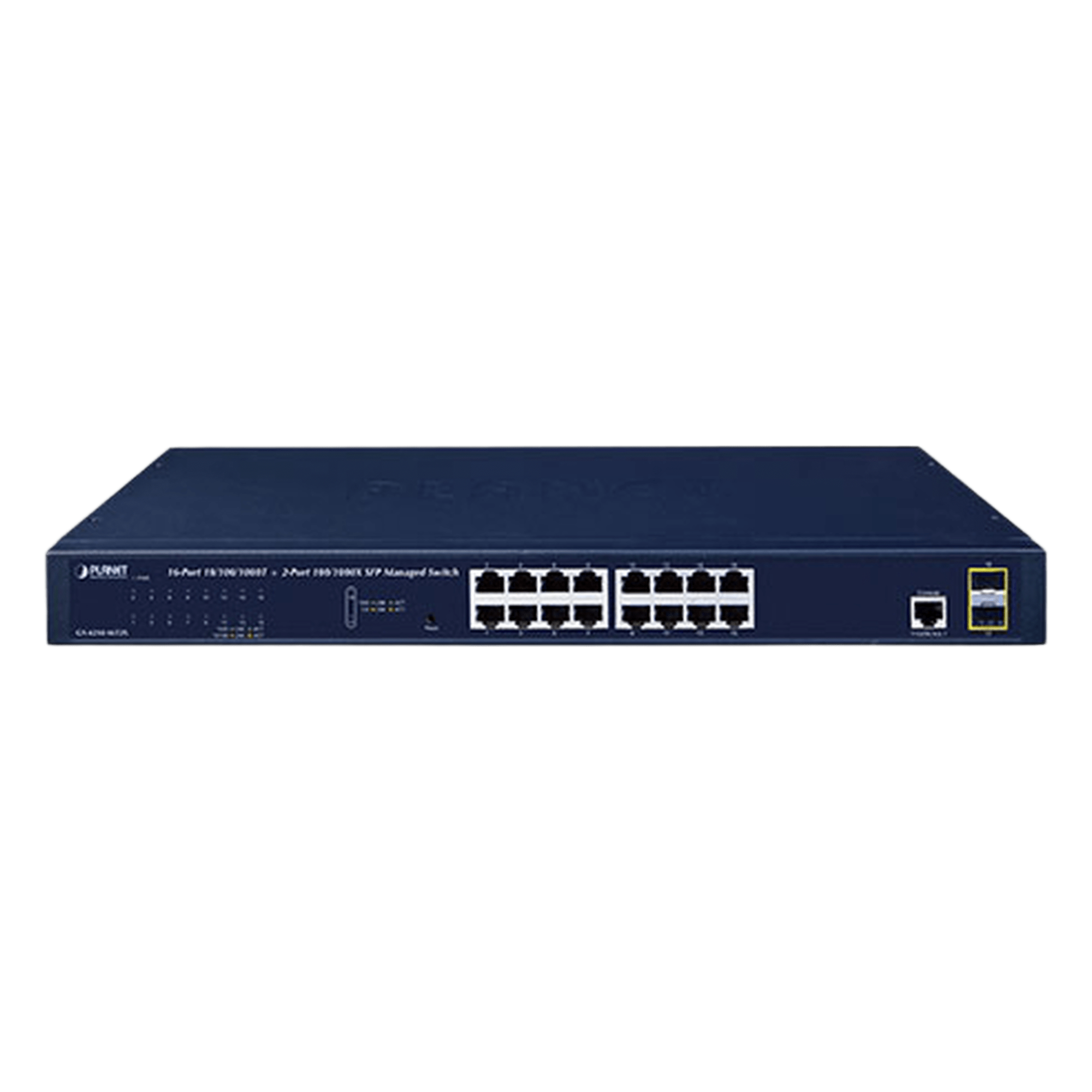 Switch Administrable Capa 2 / 16 Puertos Gigabit RJ45 / 2 Puertos SFP 2.5G / CloudNMS / Montaje Rack 1U — PLANET · SKU GS-4210-16T2S