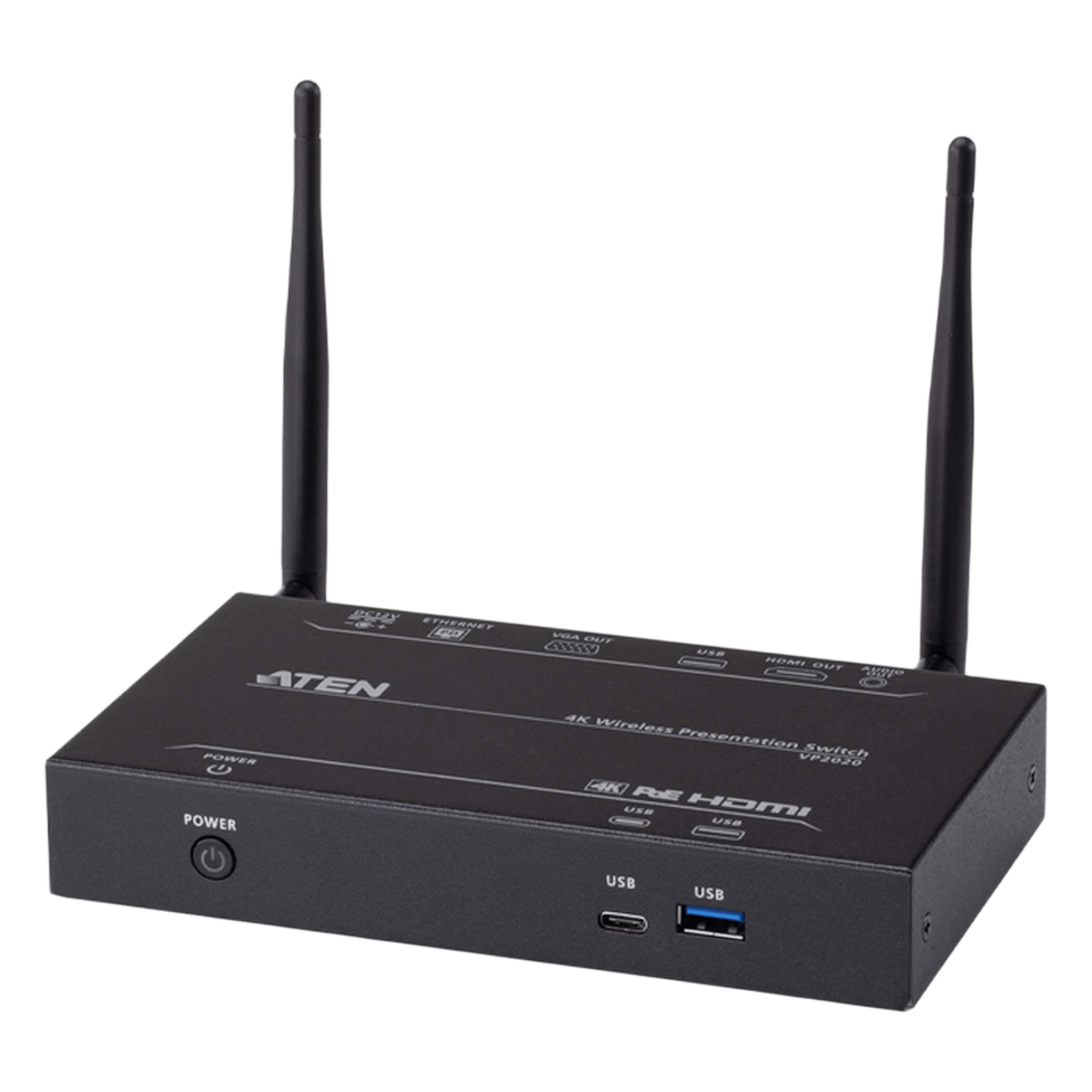 Switch de Presentaciones Inalámbrico / 4K UHD 30 Hz / VGA 1080p / Multivista 2 Fuentes / PoE / Control USB Posterior — ATEN · SKU VP2020