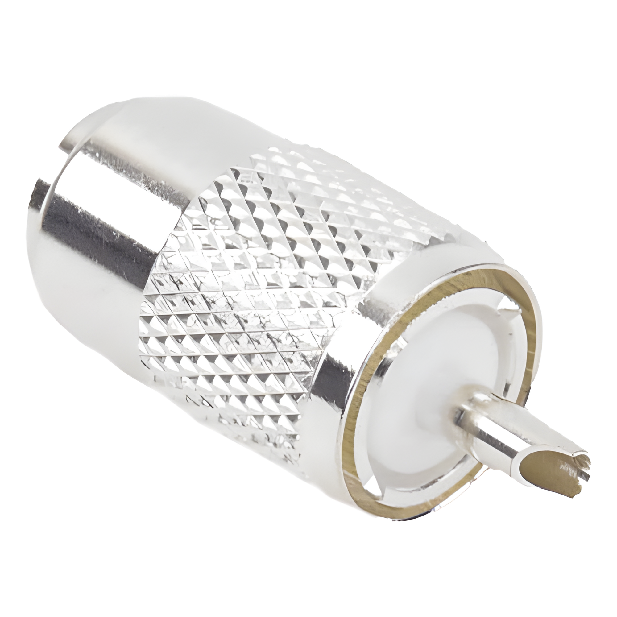 Conector UHF Macho / Compatibilidad RG-8/U y Derivados / Aislante de Teflón / Cuerpo de Bronce Plateado / Rosca Especial — RF INDUSTRIES,LTD · SKU RFU-501