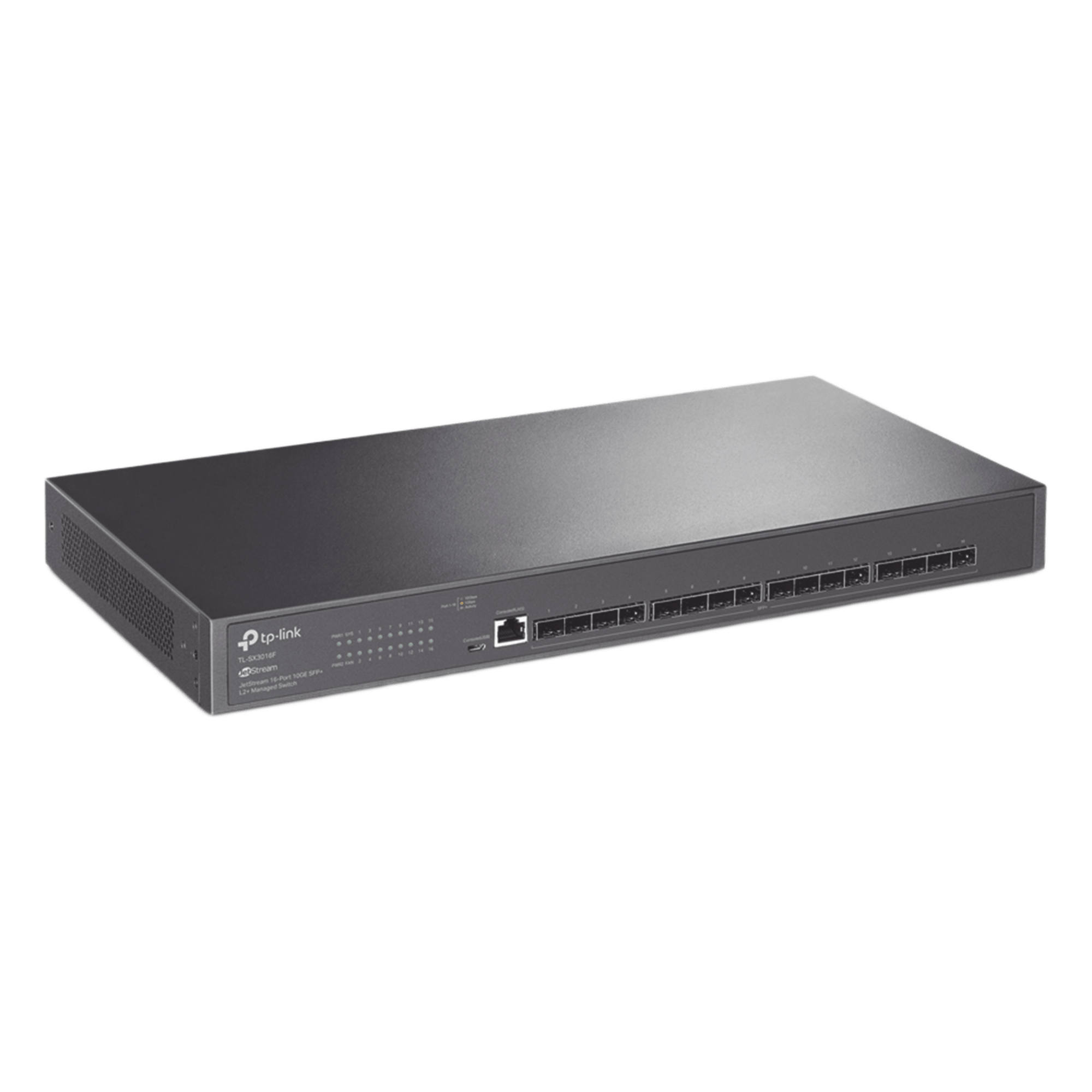 Switch Fibra Óptica L2+ / 16 Puertos SFP+ 10G / Rendimiento 320 Gbps / Sin Ventiladores / Montaje en Rack / Gestión Centralizada — TP-LINK · SKU TL-SX3016F
