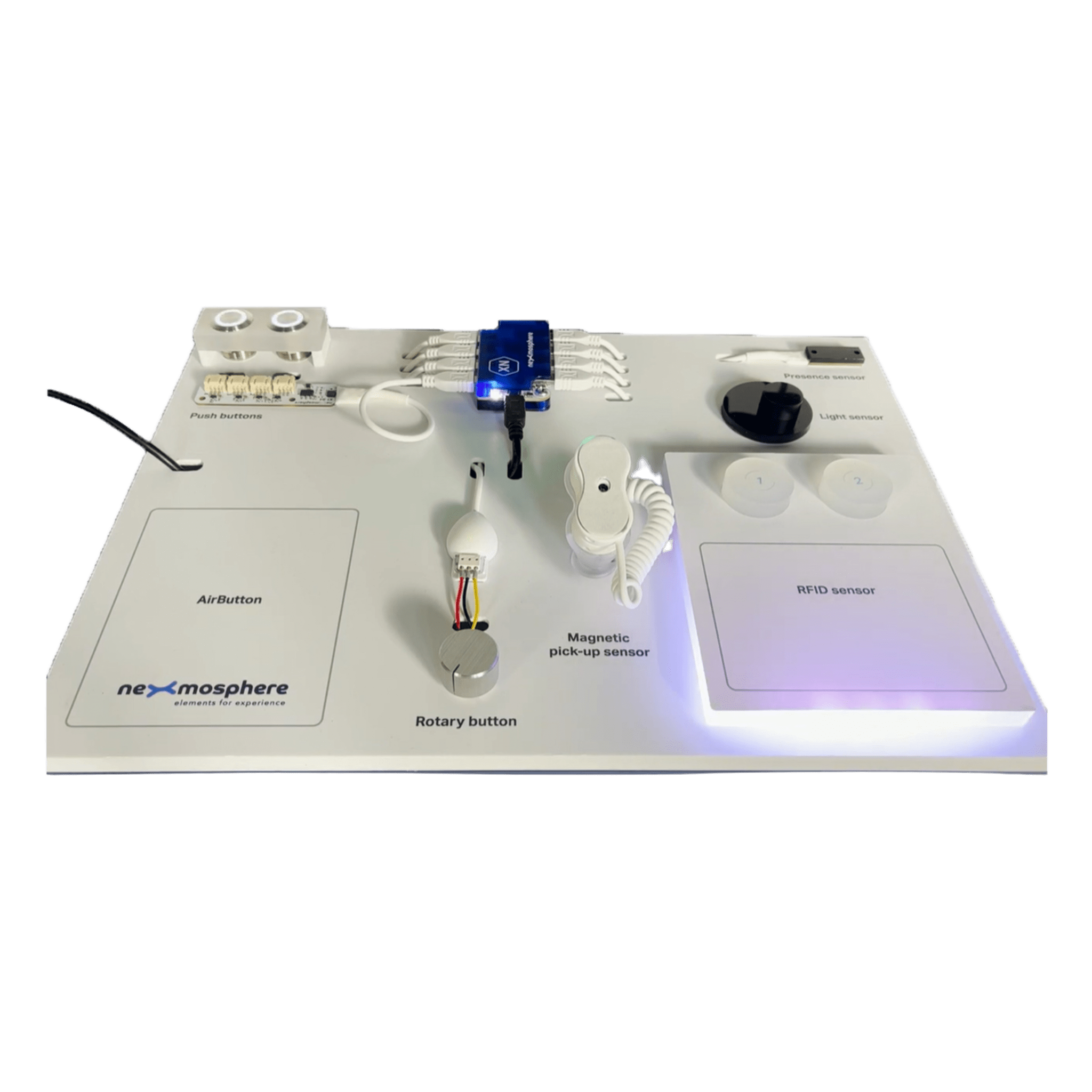 Kit Demo Sensores Interactivos / 8 Sensores Preensamblados / Panel Portátil 460 x 300 mm / Controlador USB Plug & Play / Compatible BrightSign — NEXMOSPHERE · SKU DM-XN10