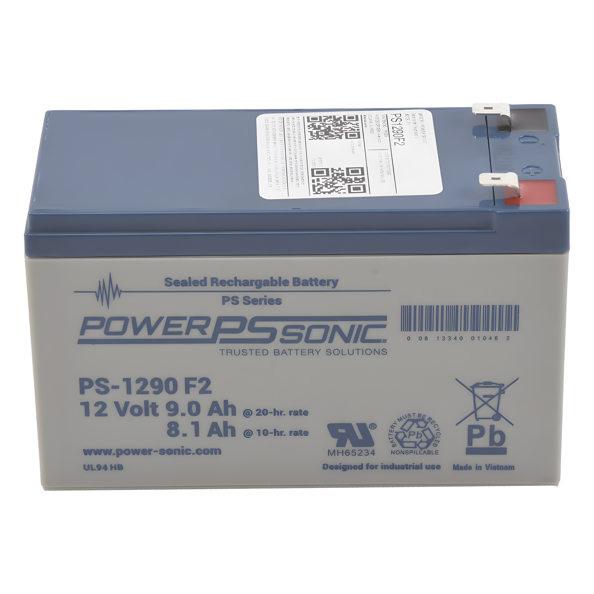 Batería de Respaldo AGM/VRLA / 12V / 9.0 Ah @20hr / Terminales F2 / Vida Útil 5 Años / Caja ABS Resistente a Impactos — POWER SONIC · SKU PS-1290-F2