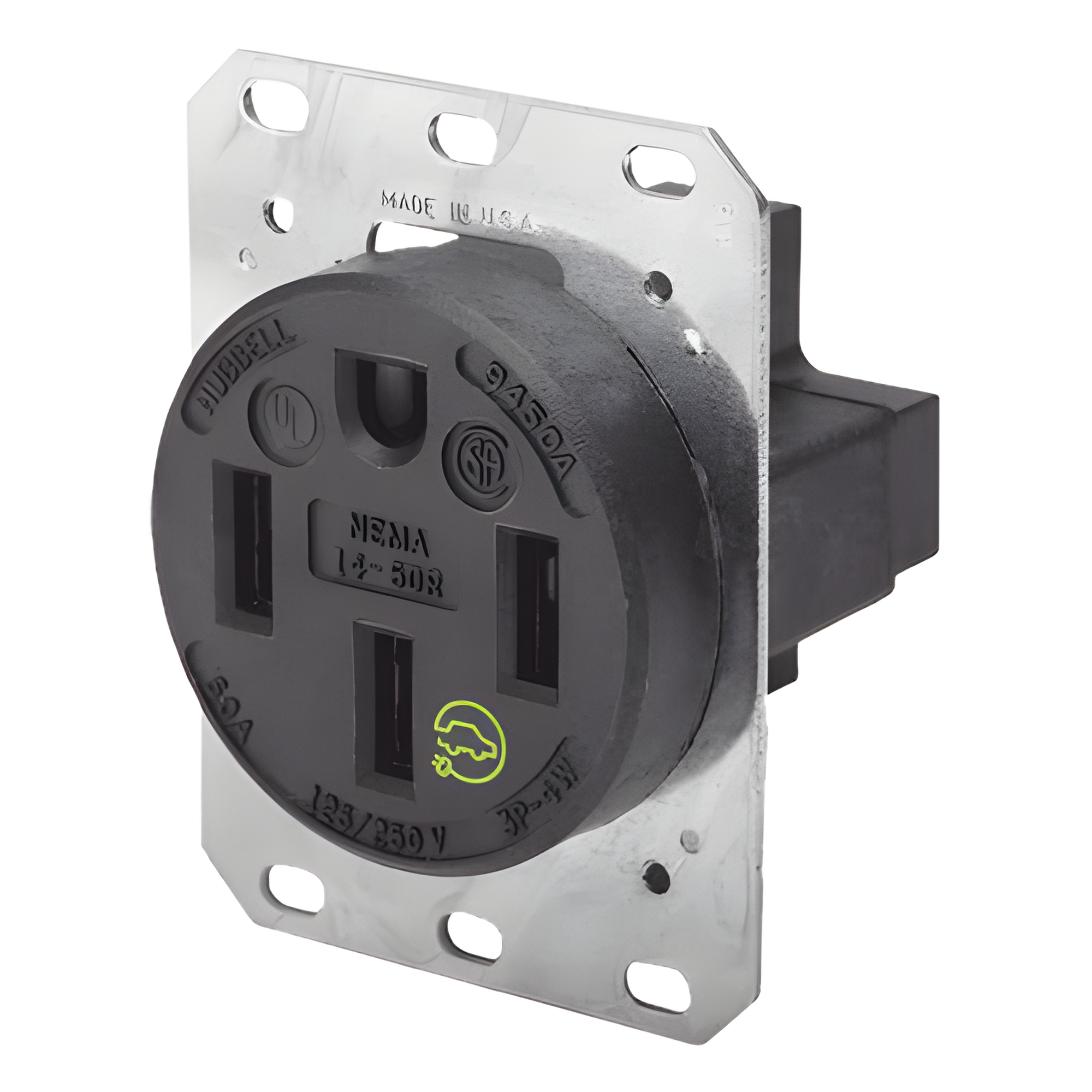 Receptáculo Industrial / 50 A / 125/250 V CA / 3 Polos 4 Hilos / NEMA 14-50R / IP20 / -40°C a 75°C — HUBBELL · SKU HUB-HBL-9450A