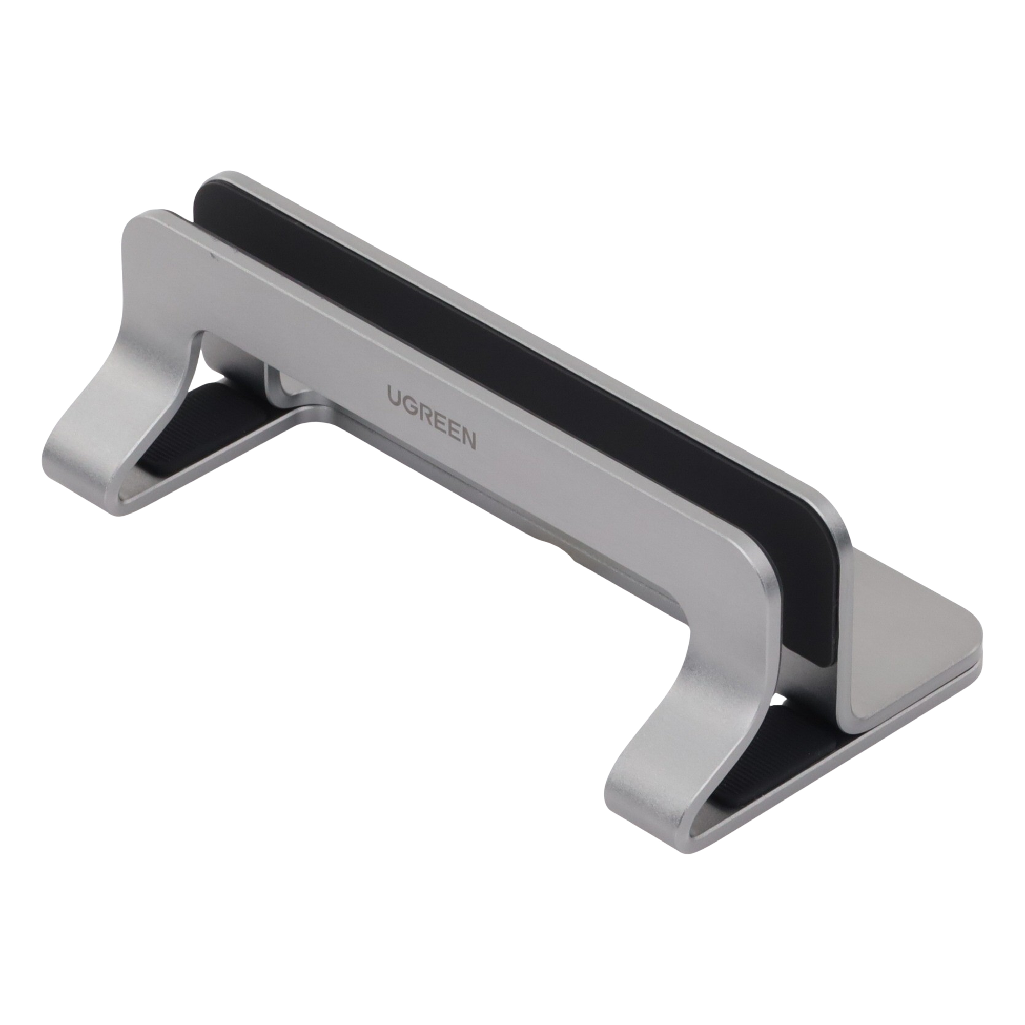Soporte Vertical para Laptop / Adecuado para escritorio / Anchura Ajustable (12-26mm) / Amplia compatibilidad / Anti-Arañazos / Anti-Deslizante /Ajustable Mediante Tornillos / Color Plata / Aluminio + Silicona