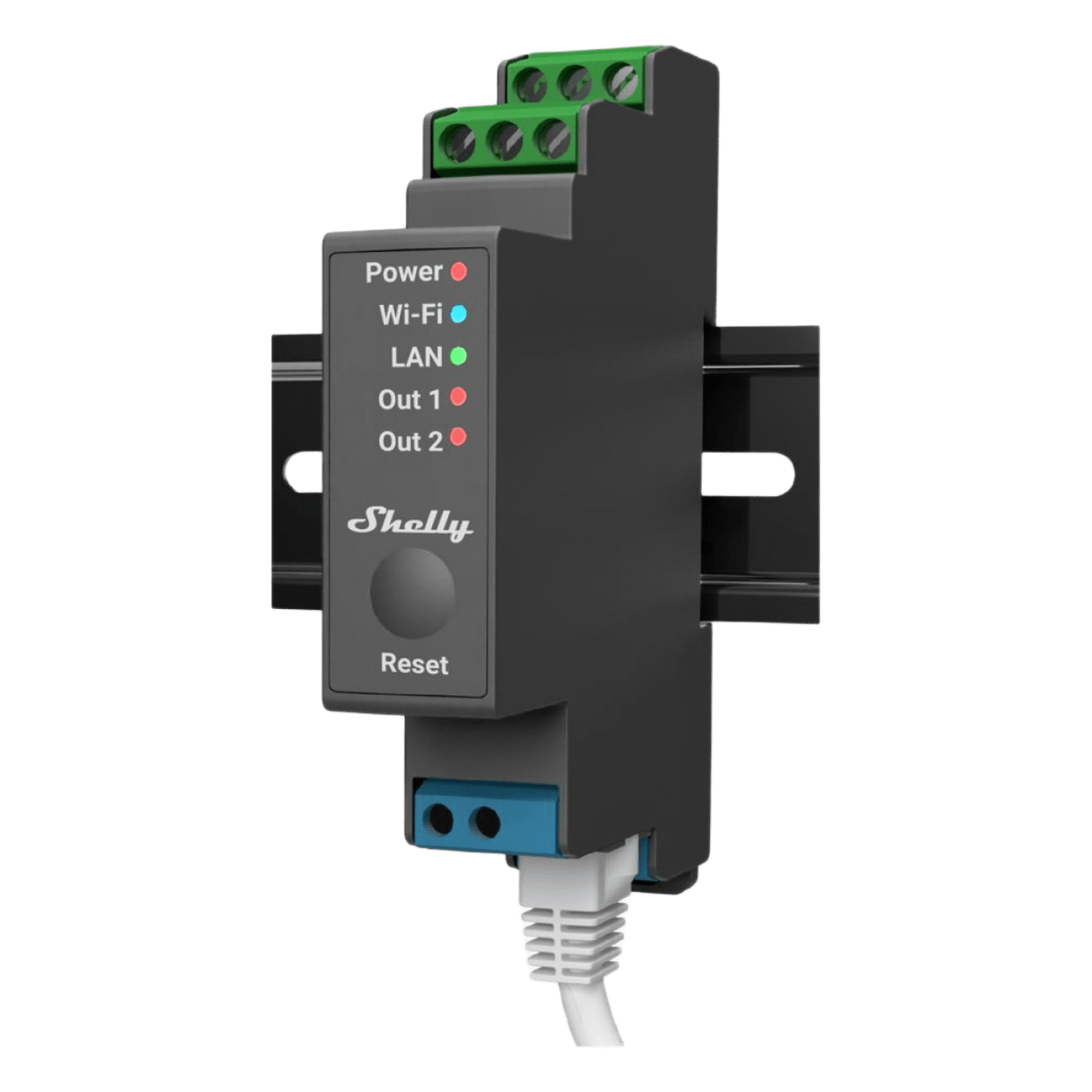 Relevador Inteligente / 2 Canales / 16A por Canal / Wi-Fi, Bluetooth y Ethernet / Montaje en Riel DIN / Control Local y Remoto — SHELLY · SKU SHELLYPRO2