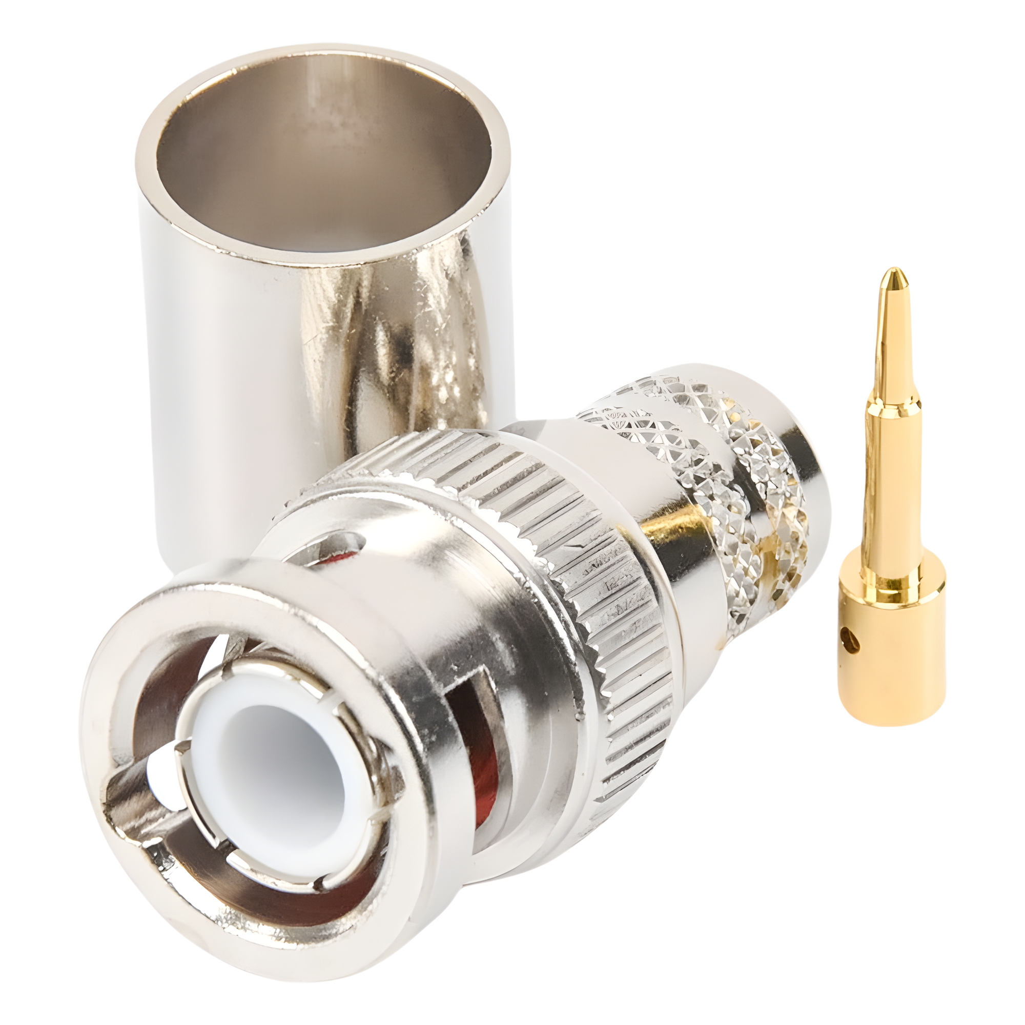 Conector Coaxial BNC Macho / Anillo Plegable / Bronce Niquelado / Contacto Oro / Teflón / RG-8/U, LMR-400, CNT-400, 9913