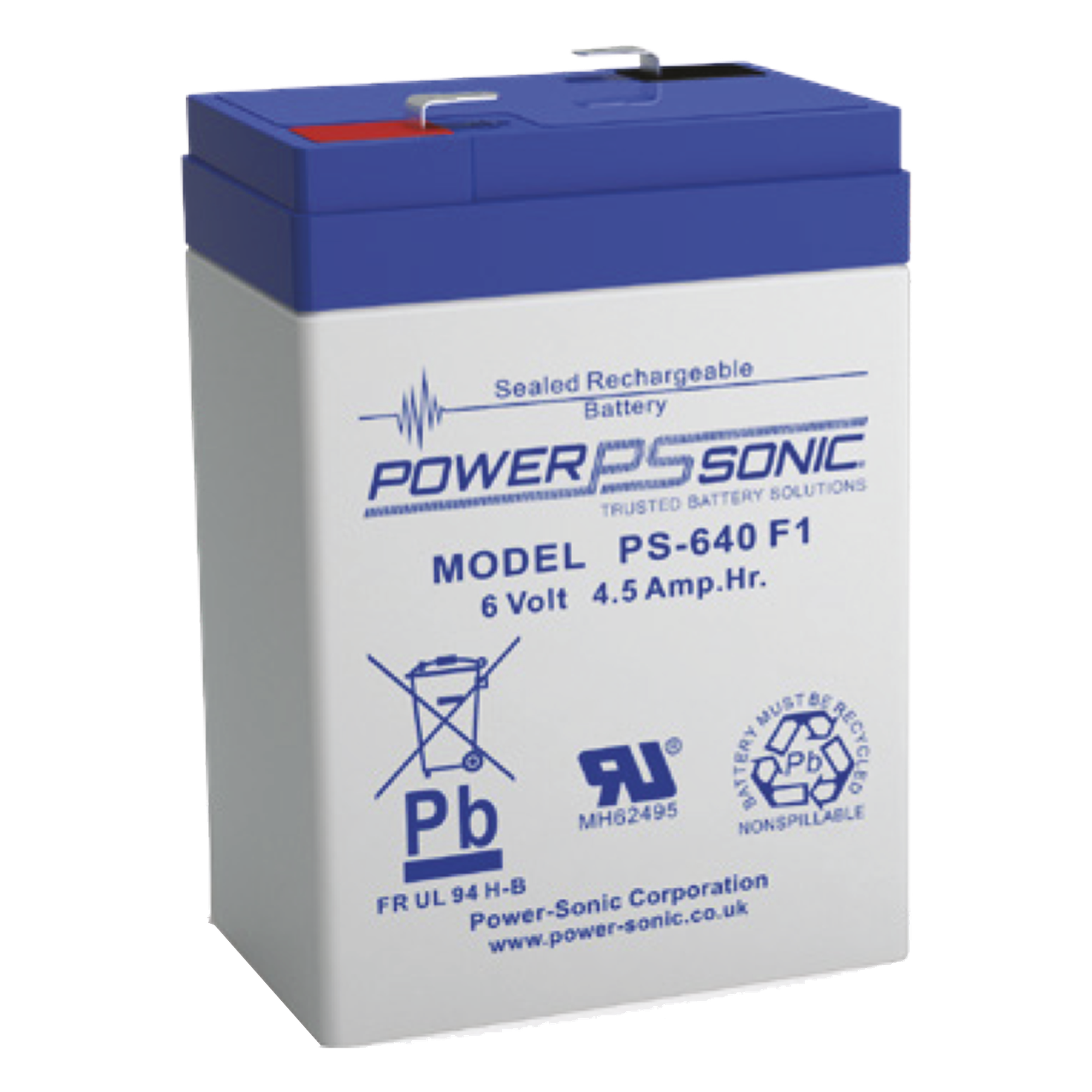 Batería de Respaldo AGM/VRLA / 6V / 4.5 Ah / Terminales F1 / 5 Años Vida Útil / Certificación UL — POWER SONIC · SKU PS-640-F1