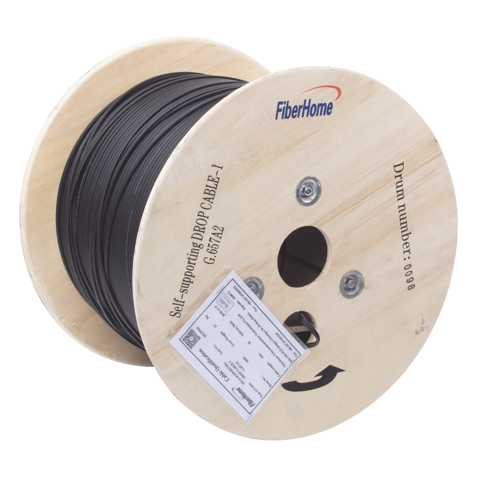 Carrete de Fibra Óptica Aérea / Drop Figura 8 / G.657A2 / Monomodo 1 Hilo / LSZH / 1 km (3281 ft) / Span 80 — LINKEDPRO BY FIBERHOME · SKU IC-FIG8A2-1C