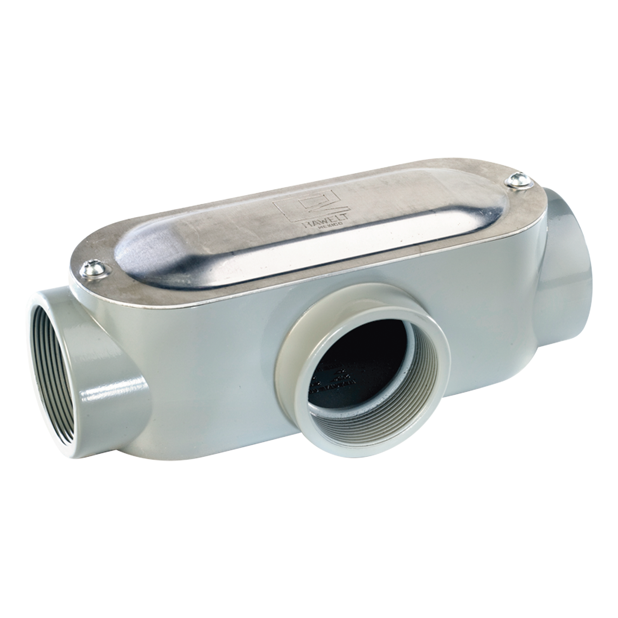 Caja de Registro Ovalada Tipo T / 3/4" (19.05 mm) / Volumen 114.6 cm³ / Aluminio Diecast / Certificada UL y CSA — RAWELT · SKU OT-0087C