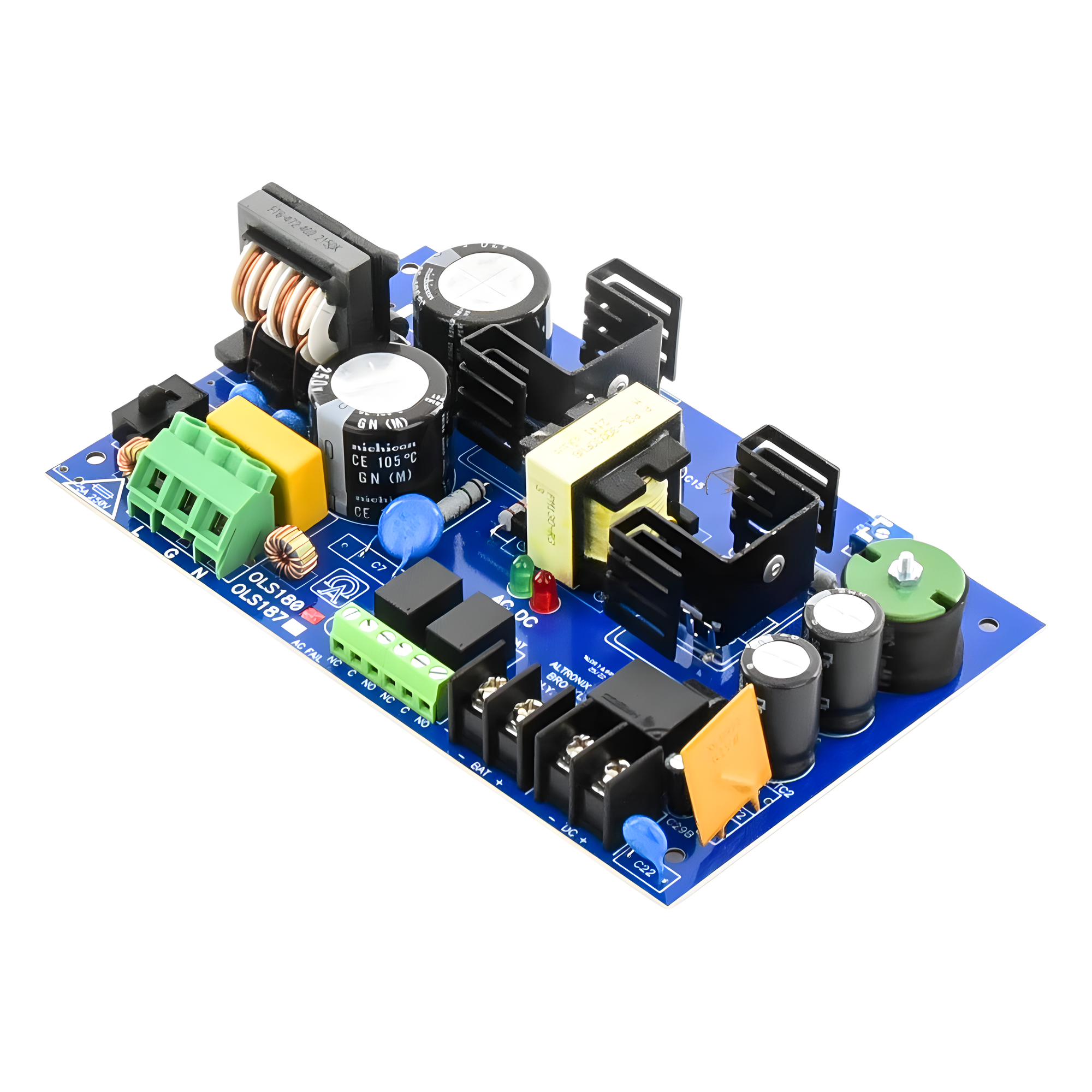 Fuente de Alimentación Tipo Tarjeta / Salida Seleccionable 12 o 24 Vcc / 6 A / Capacidad de Respaldo de Batería / Entrada 115 Vca — ALTRONIX · SKU OLS-180