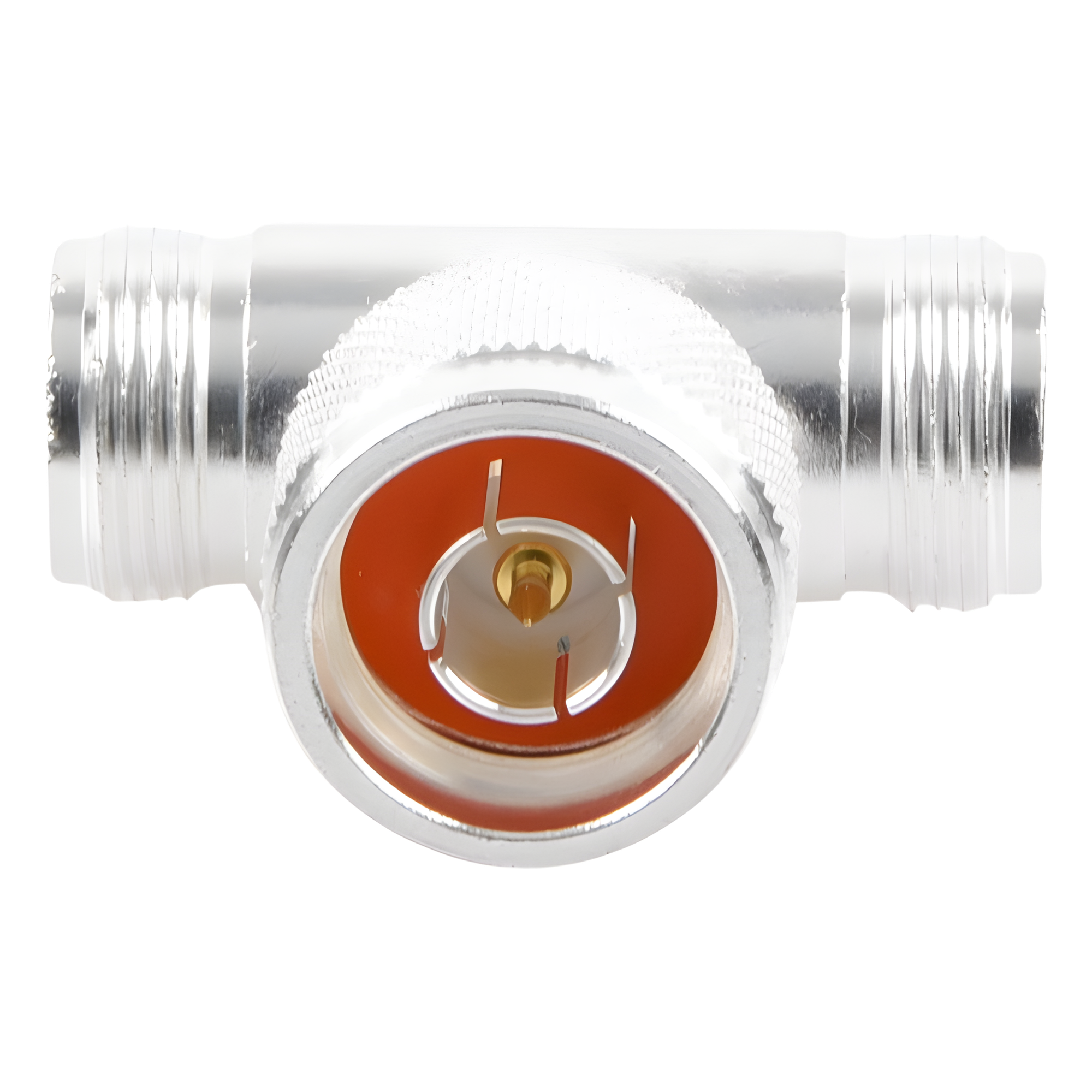 Adaptador RF en T / Conector N Macho a Doble N Hembra / Cuerpo Bronce Plateado / Contacto Oro / Aislante Teflón