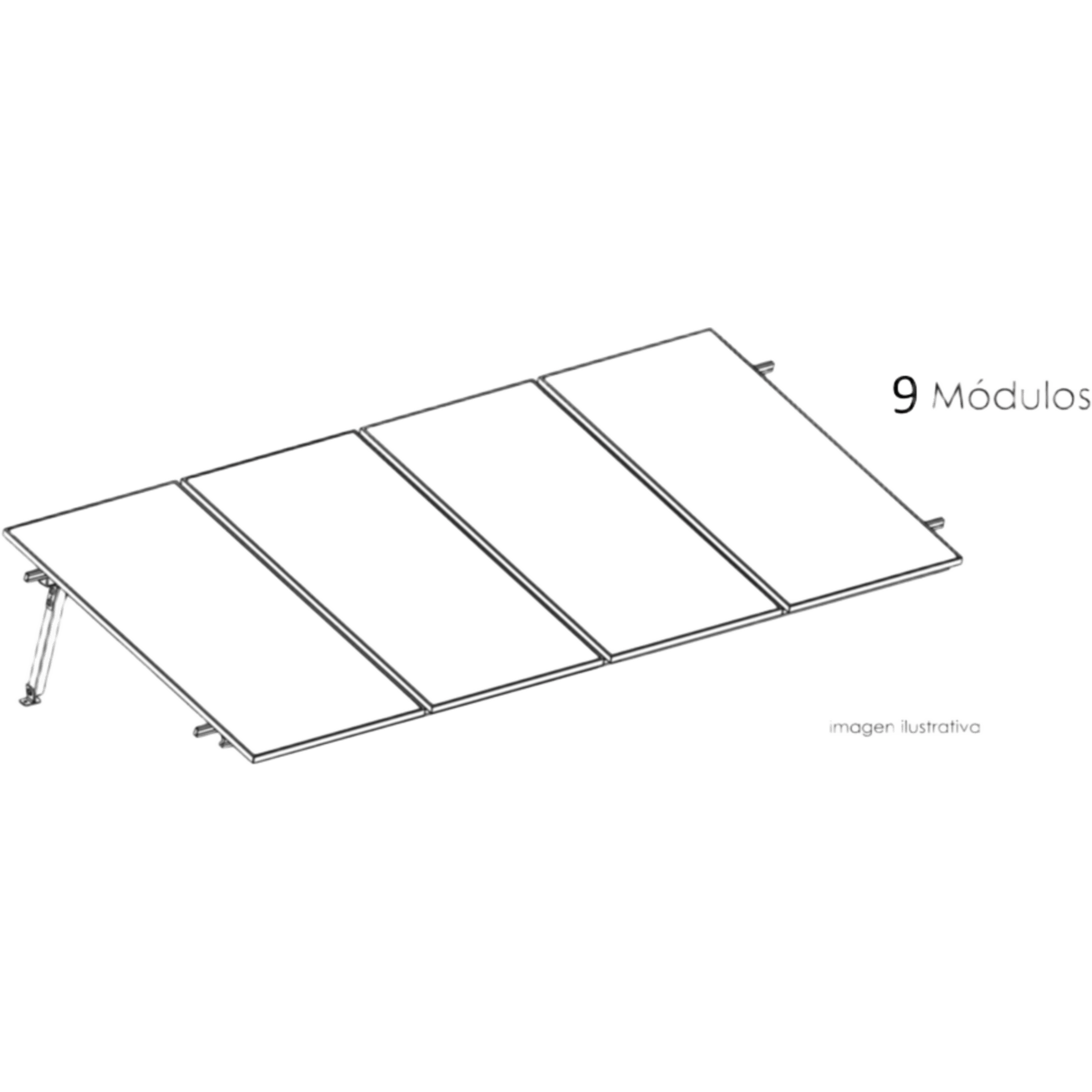 Estructura de Montaje Fotovoltaico / Losa Plana / Configuración 1x3 / Viento 170 km/h / Inclinación 10° / Rieles E-O 3.55 m (11.65 ft) / Rieles N-S 2.14 m (7.02 ft) / Altura 0.52 m (1.71 ft) / Área 10 m² / Módulos 645 — BASEL · SKU KITBASEL1X9