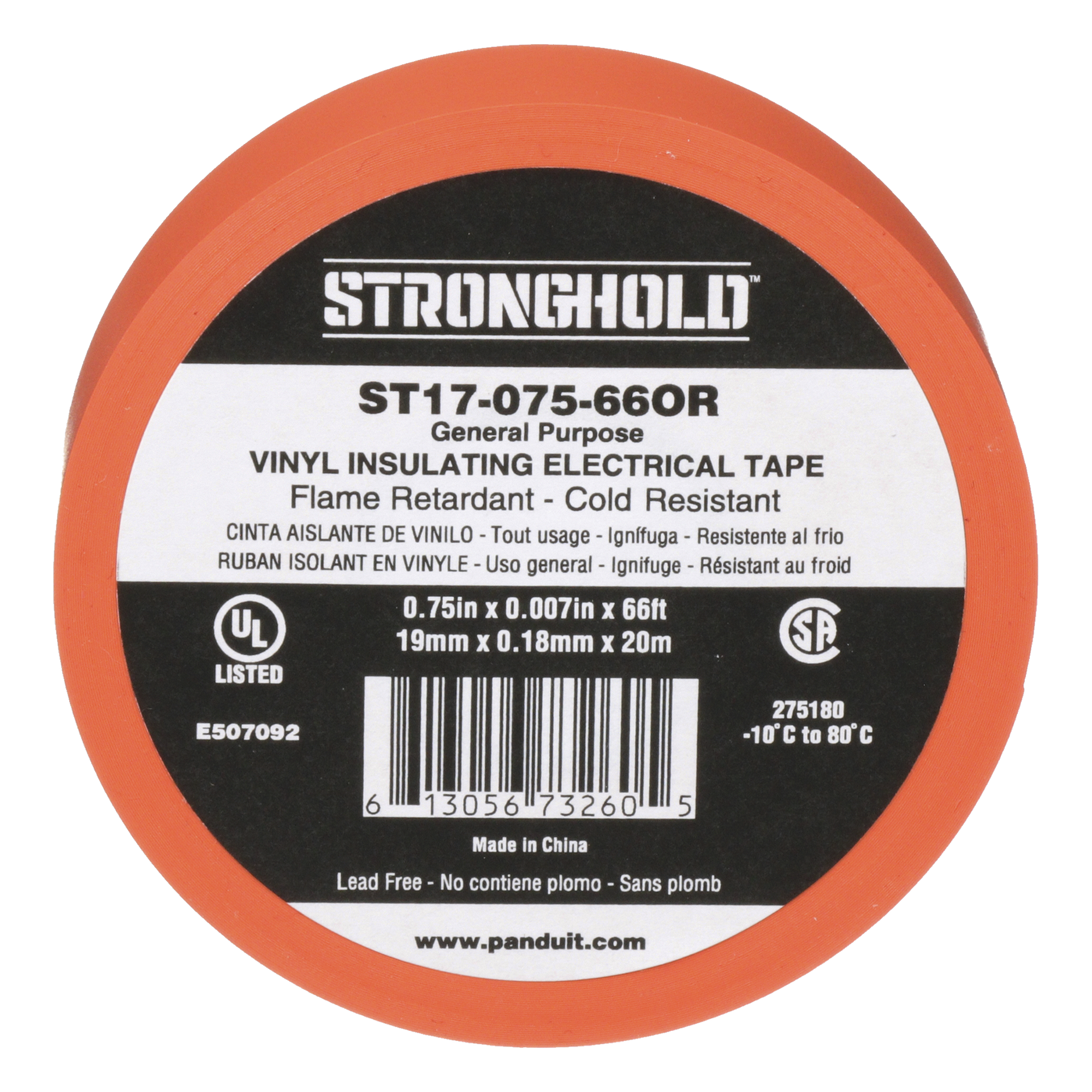 Cinta Aislante Eléctrica / PVC Uso General / 600V / 20.12 m (66 ft) / Naranja / UL 510 Ignífuga / Interior-Exterior — PANDUIT · SKU ST17-075-66OR