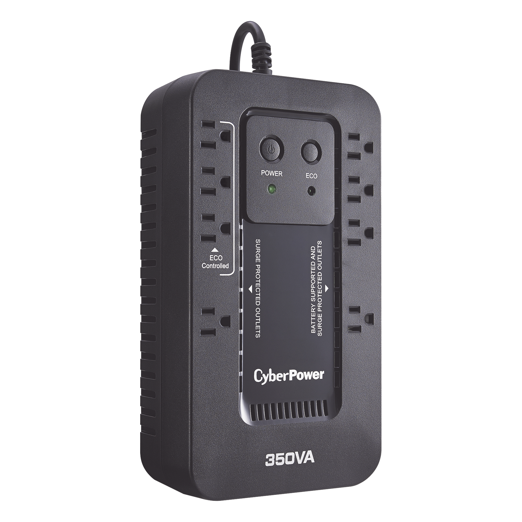 UPS de 350 VA/255 W, Topología Standby con Modo Ahorrador ECO, Entrada 120 Vca NEMA 5-15P, Con 8 Tomas NEMA 5-15R 