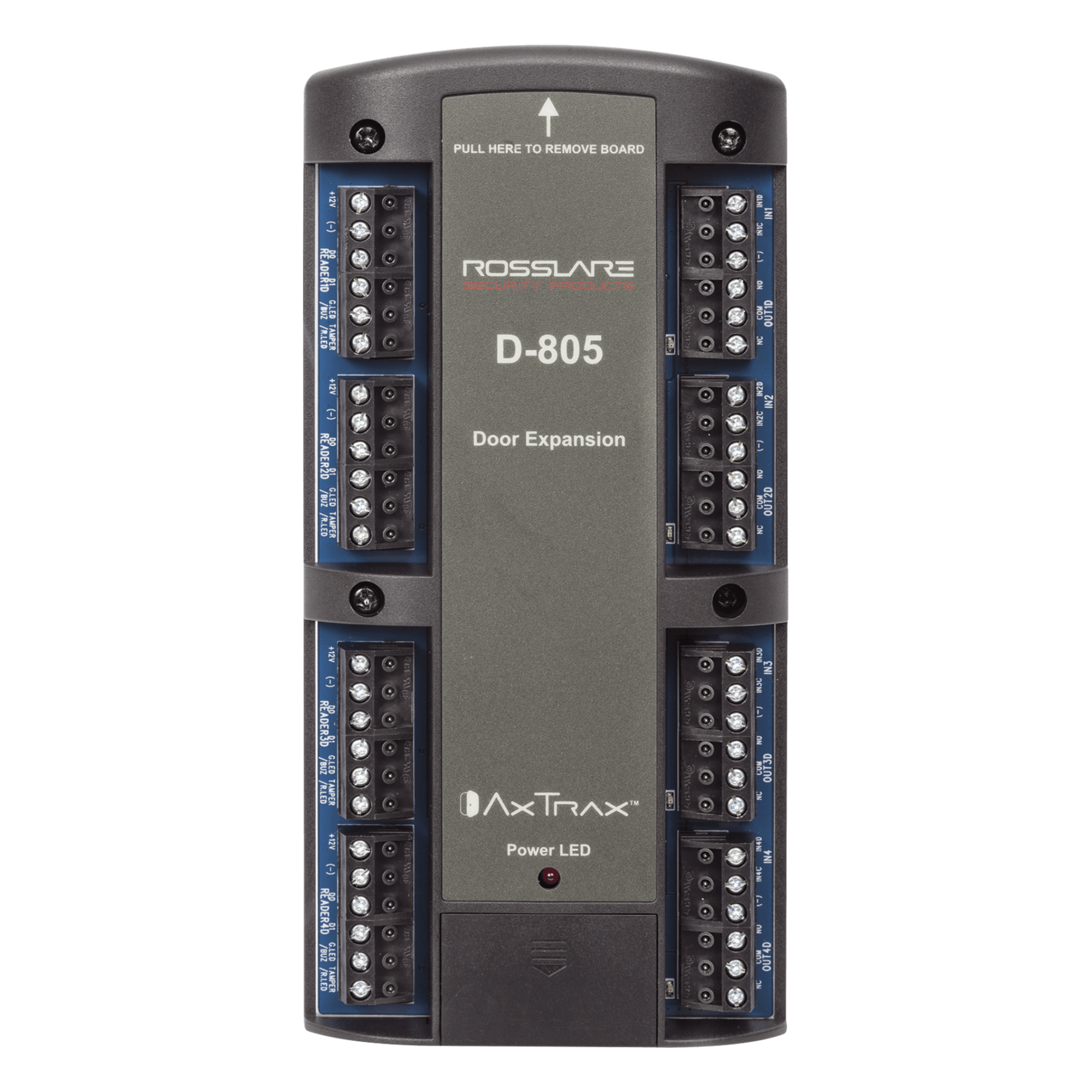 Tablilla de Expansión / 4 Lectores / 4 Relevadores / 8 Entradas Supervisadas / OSDP / Wiegand y Clock & Data — ROSSLARE SECURITY PRODUCTS · SKU D-805