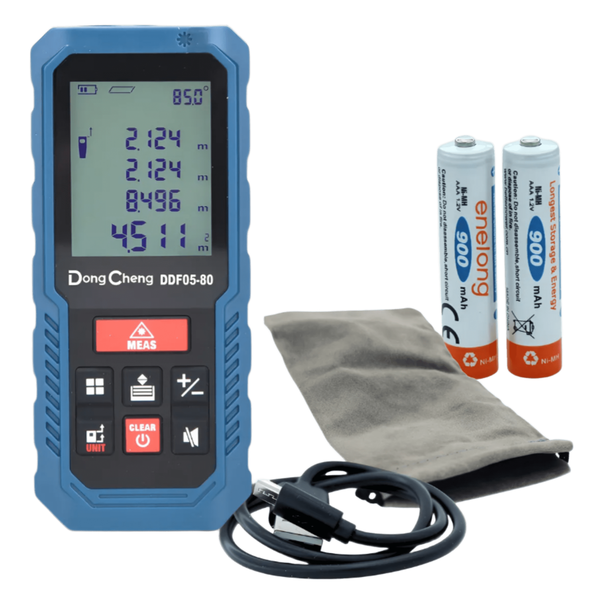 Medidor Láser de Distancia / Rango 0.1 – 80 m (328 ft) / Precisión ±(2 + 5×10⁻⁵d) mm / 8 Modos de Medición / Memoria 30 Registros / USB-C — DONGCHENG · SKU DDF05-80