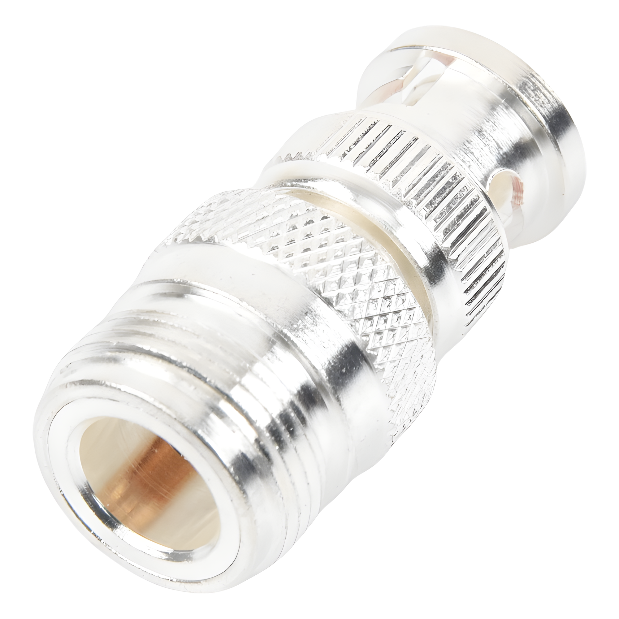 Adaptador RF Coaxial / 50 Ohm / N Hembra a BNC Macho / Montaje en Línea / Cuerpo Bronce Plateado / Contacto Oro / Aislante Teflón