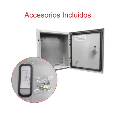 Gabinete de Acero IP66 Uso en Intemperie (300 x 400 x 200 mm) con Placa Trasera Interior de Metal y Compuerta Inferior Atornillable (Incluye Chapa y Llave T).