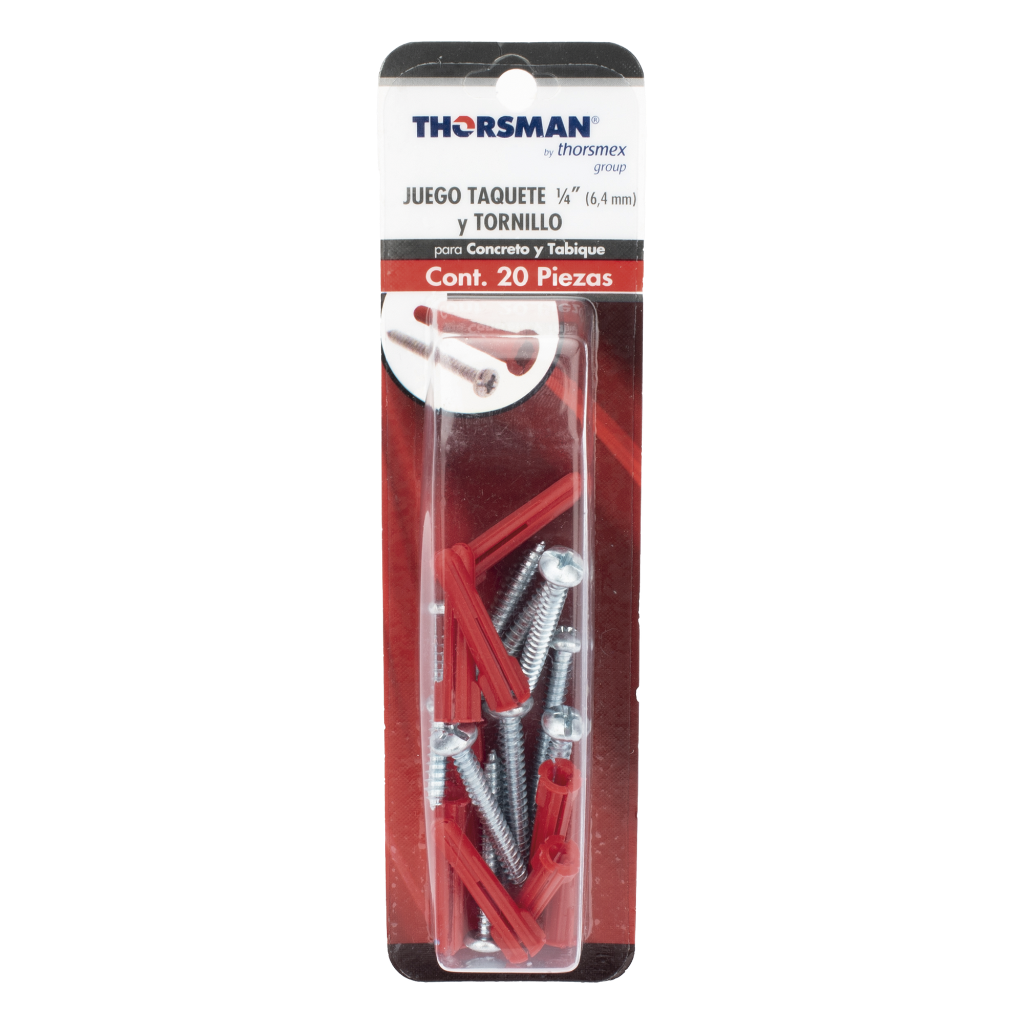 Paquete Con 10 Taquetes Rojos de 1/4" y 10 tornillos 10 x 1 1/2" (4.82 x 38 mm) (1103-05002)