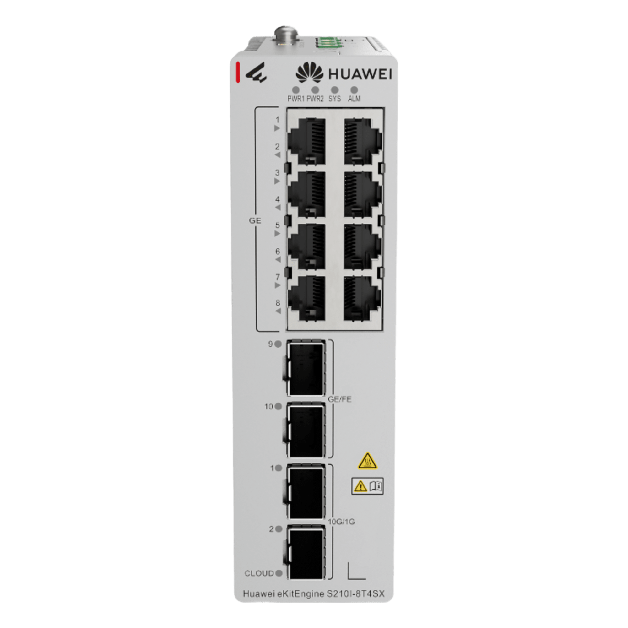 Switch Industrial / 8 Puertos RJ45 Gigabit / 2 SFP + 2 SFP+ 10G / Montaje Riel DIN / Fuente Redundante 1+1 / IP40 / -40°C a 75°C — HUAWEI · SKU S210I-8T4SX