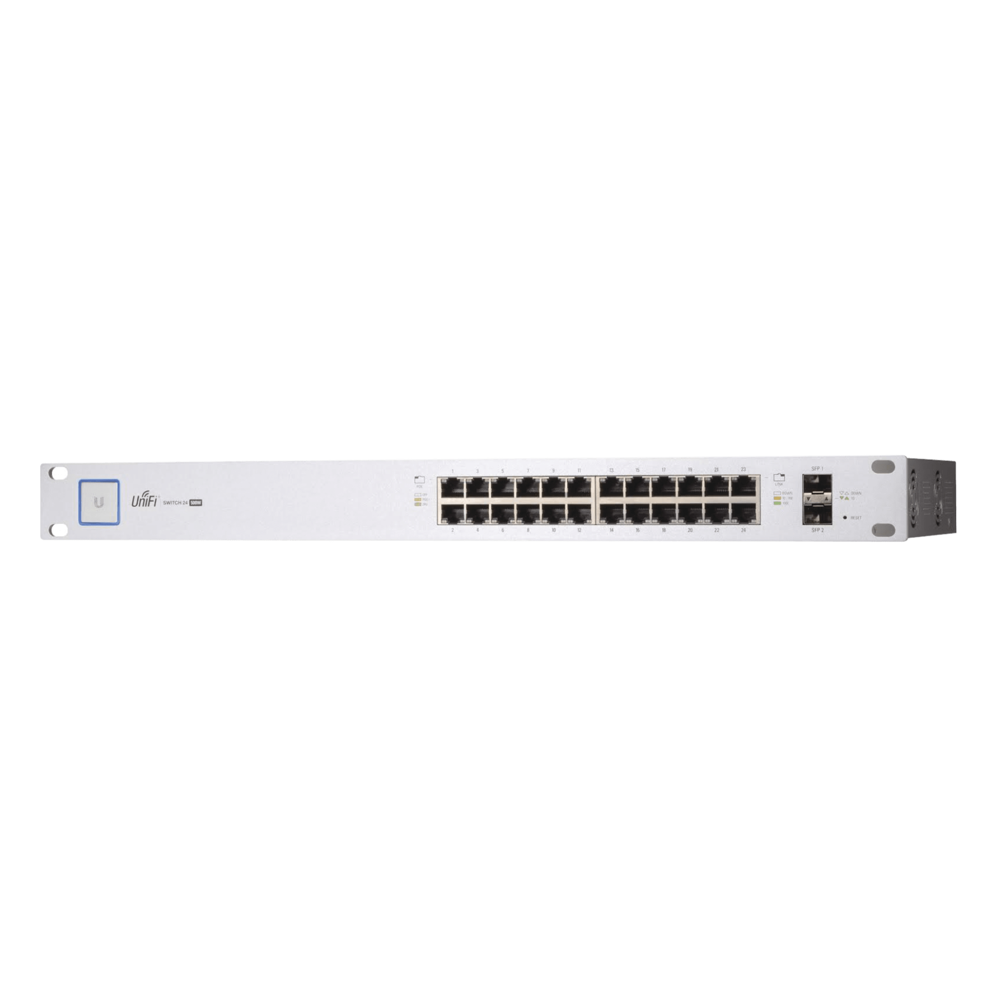 Switch PoE UniFi capa 2 Administrable de 26 puertos Gigabit (24 eth PoE y 2 SFP) 802.3 af/at / Pasivo 24V, 500 Watts, throughput de 38.69 Mpps — UBIQUITI · SKU US-24-500W