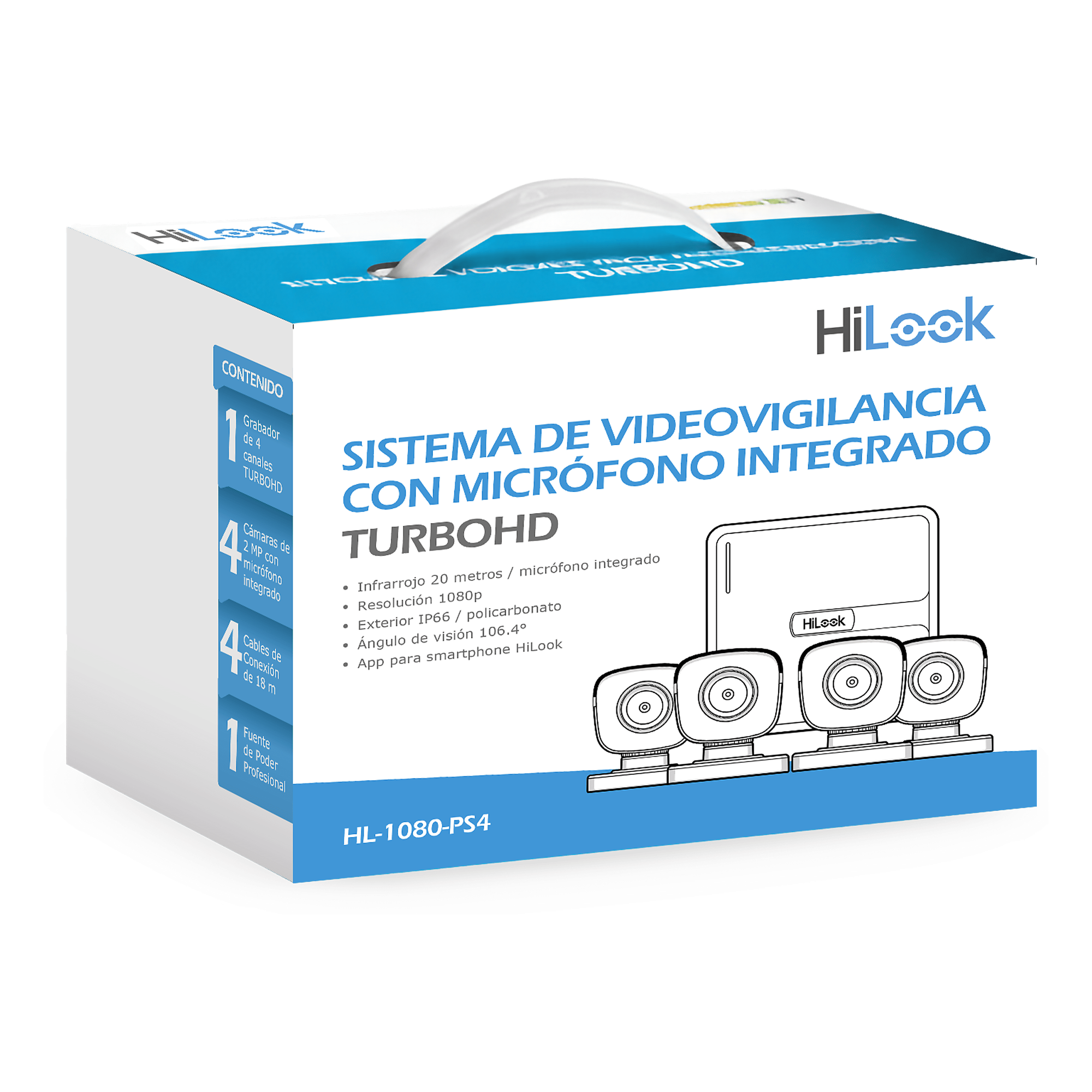 Kit de Videovigilancia TurboHD / 4 Canales / 1080p Lite / Audio por Coaxitron / IR 20 m (65.6 ft) / 4 Cámaras Bala con Micrófono Integrado — HiLook by HIKVISION · SKU HL-1080-PS4