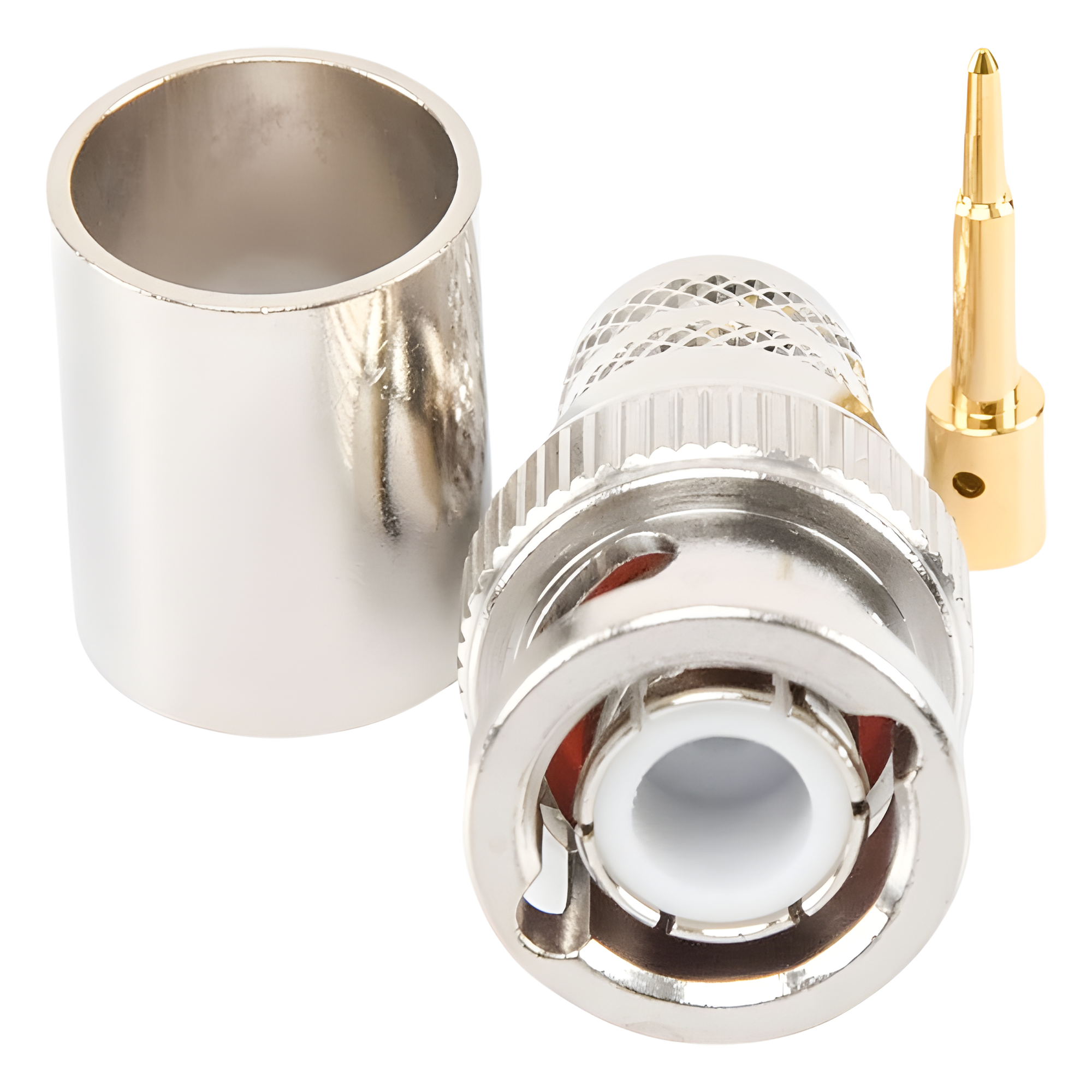 Conector Coaxial BNC Macho / Anillo Plegable / Bronce Niquelado / Contacto Oro / Teflón / RG-8/U, LMR-400, CNT-400, 9913