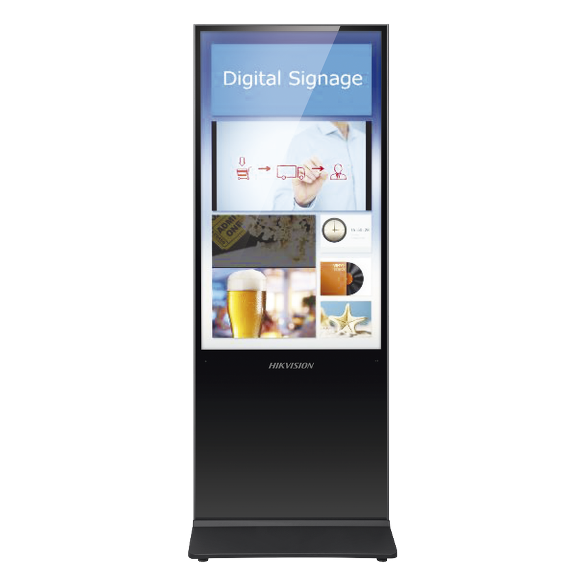 Pantalla de 55" 4K para Publicidad Digital / Base para Piso (Totem) / Puertos USB / Entrada de Video HDMI y VGA /  WiFi / Altavoz Integrada
