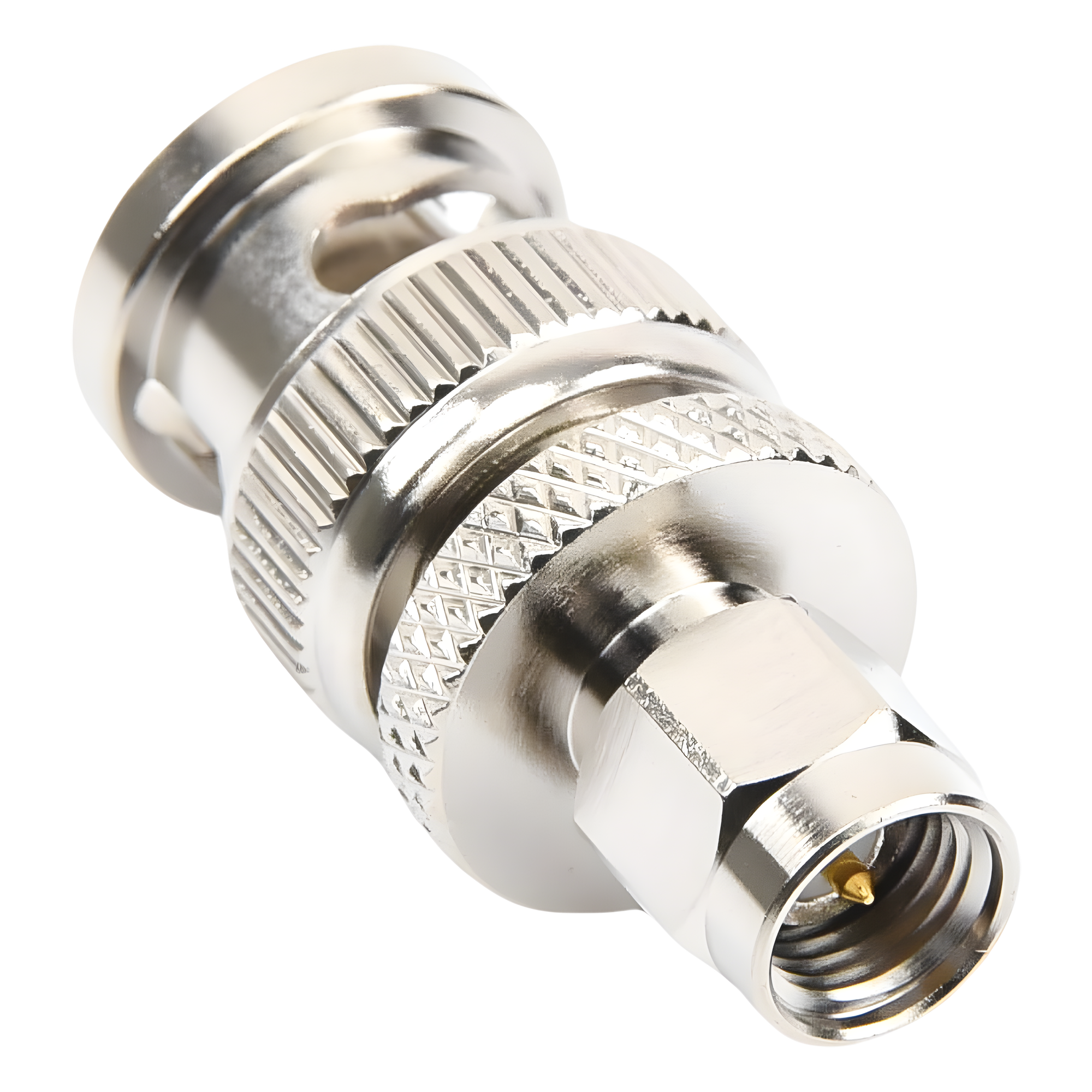 Adaptador Coaxial en Línea / SMA Macho a BNC Macho / Cuerpo Bronce Niquelado / Contacto Oro / Aislante Teflón