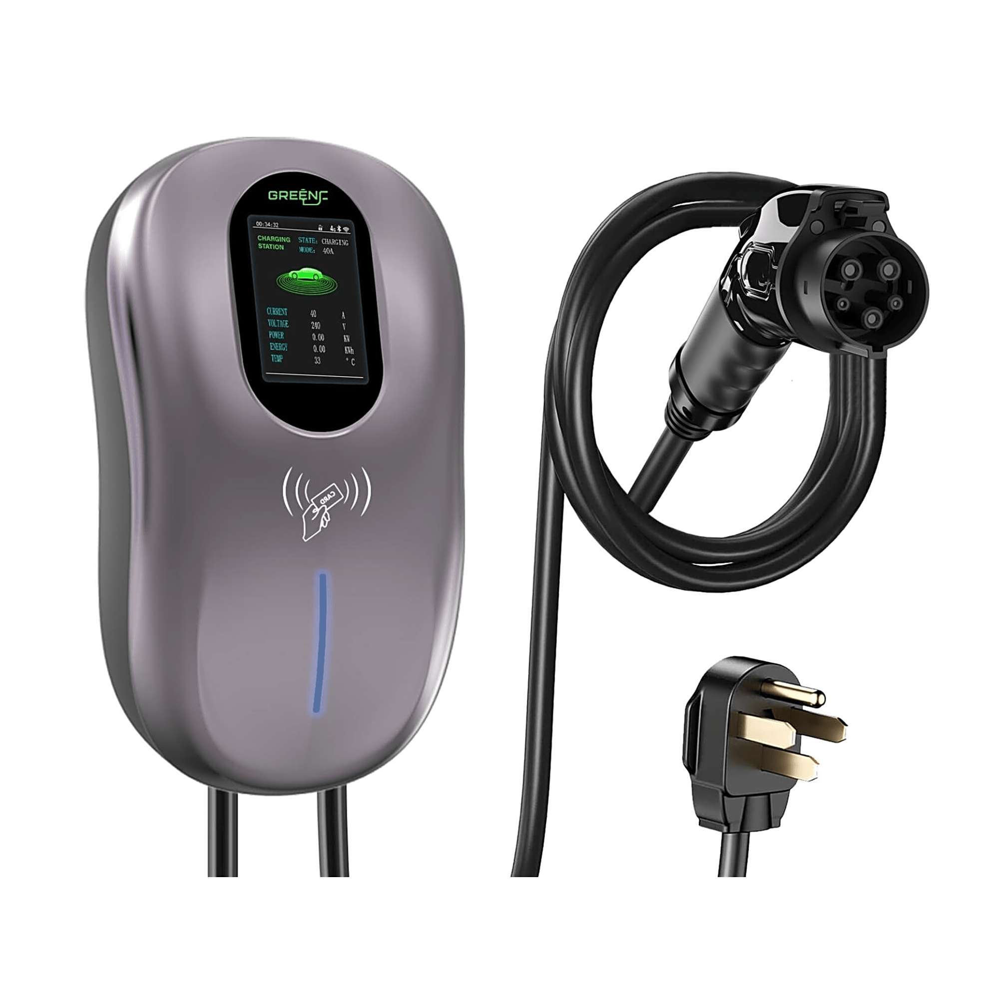 Estación de Carga para Vehículos Eléctricos / 40 A / 9.6 kW / Conector Tipo 1 (SAE J1772) / 110-240 V AC / Pantalla LCD 4.3 in (10.9 cm) / WiFi / APP / RFID / IP65 / Cable TPE 5 m (16.4 ft) — GREENC · SKU S02US40A