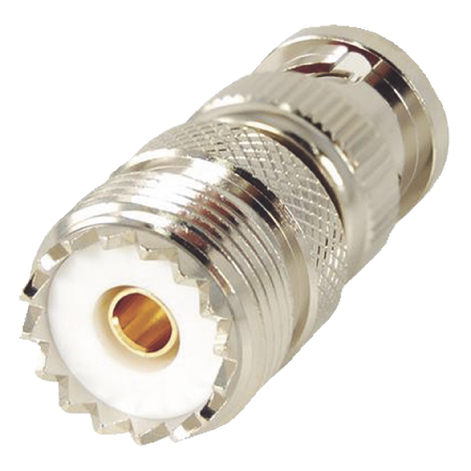 Adaptador RF en Línea / 50 Ohm / BNC Macho a UHF Hembra SO-239 / Cuerpo Níquel / Contacto Oro / Aislante Delrin — RF INDUSTRIES,LTD · SKU RFB-1136